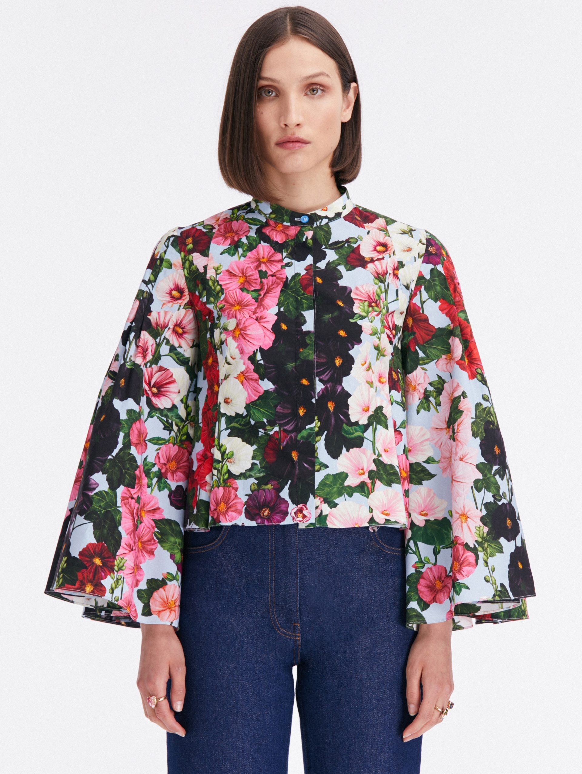 BELL SLEEVE HOLLYHOCKS COTTON POPLIN BLOUSE - 1
