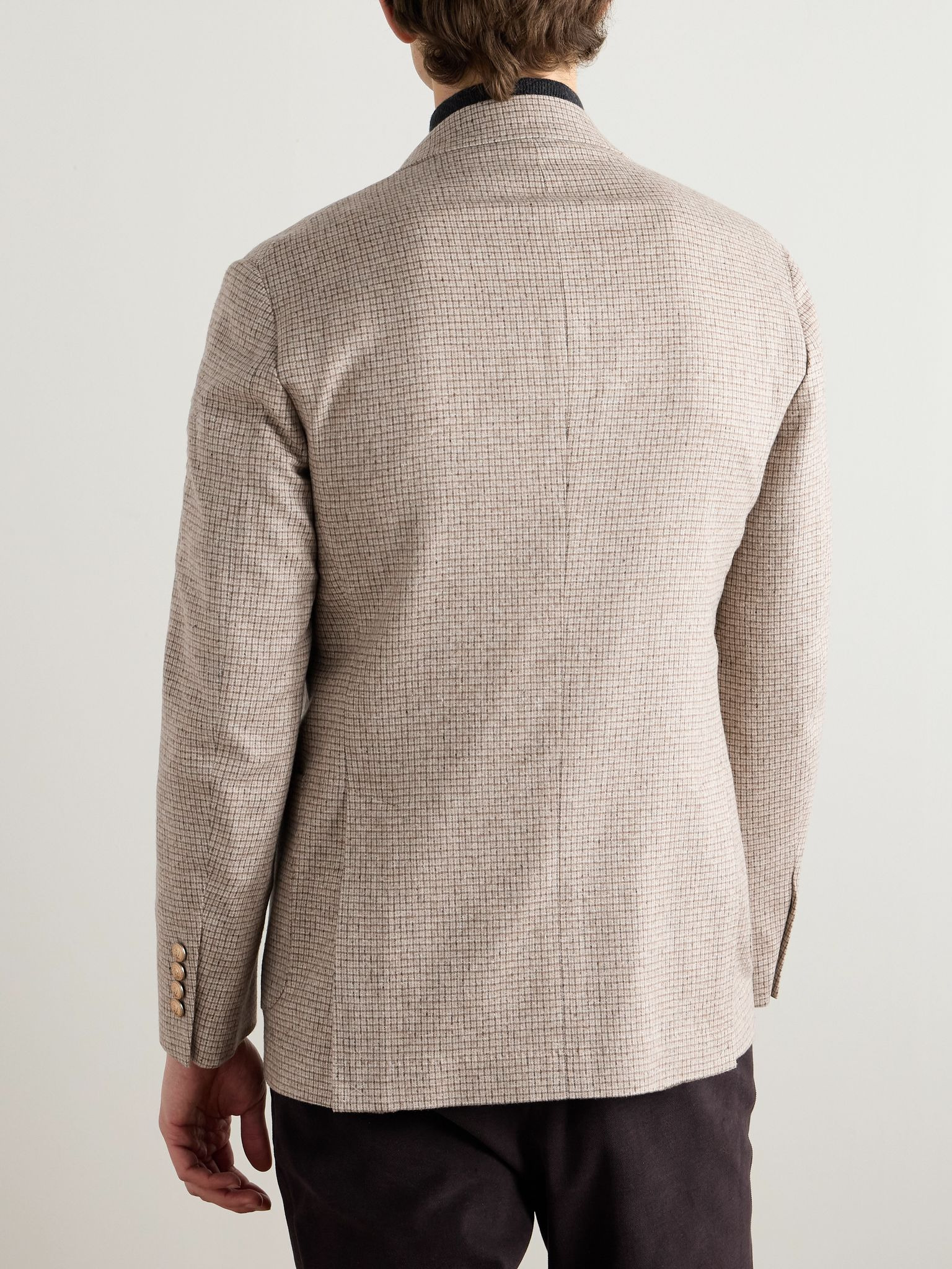 Double-Breasted Checked Silk, Wool and Cashmere-Blend Blazer Beige - 4