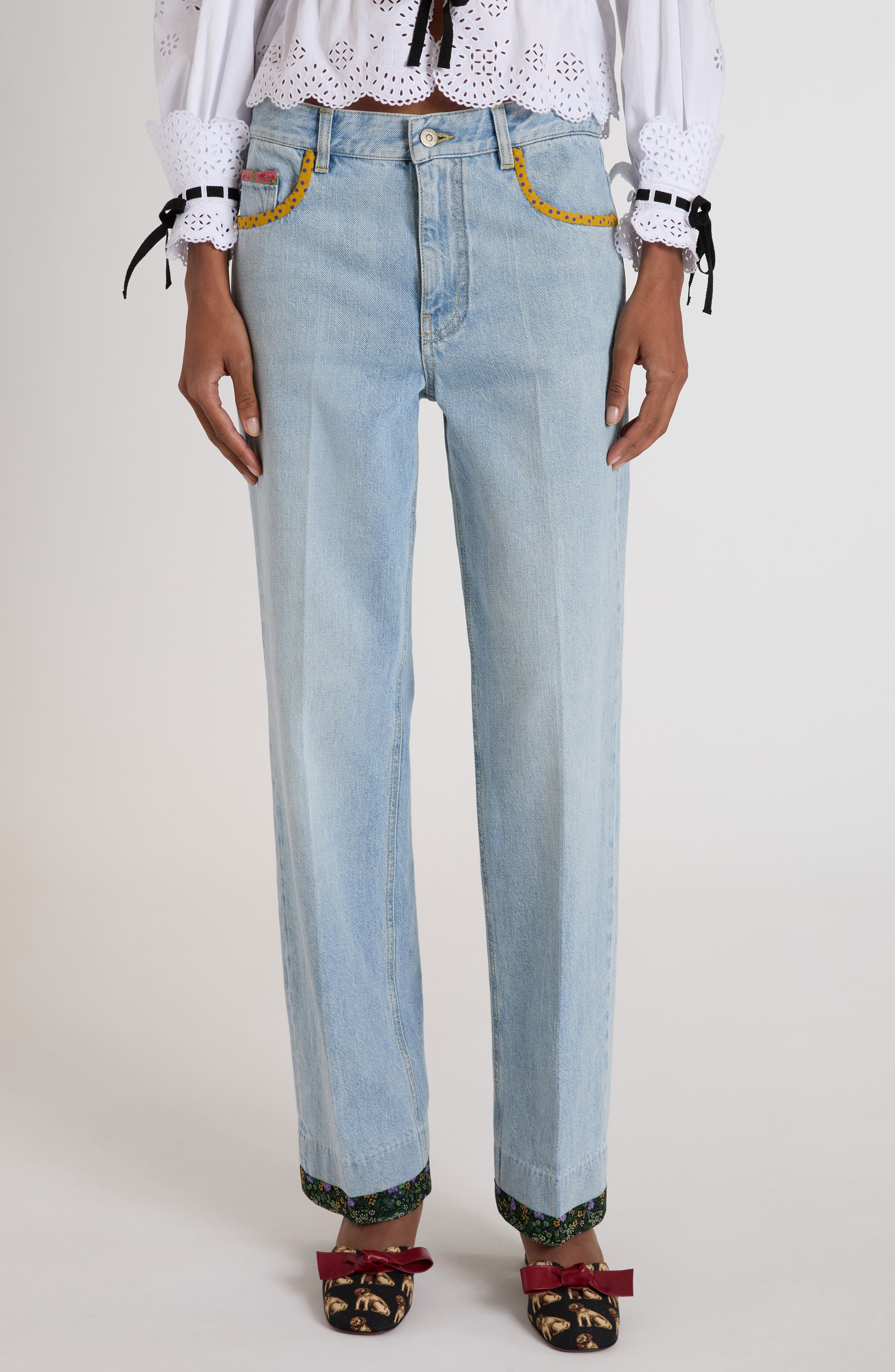 Valentino Garavani Contrast Border Straight Leg Jeans in Denim at Nordstrom - 1