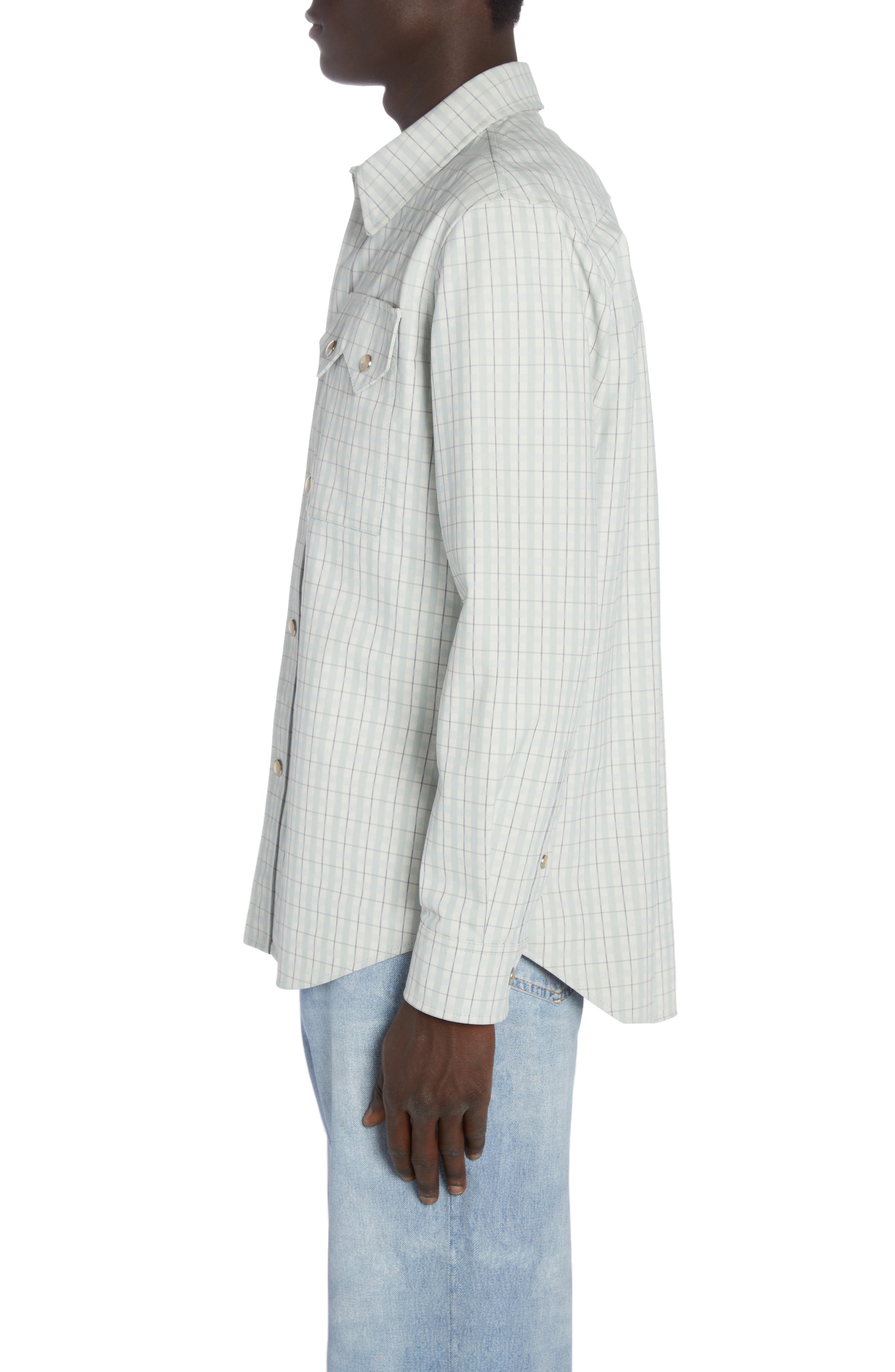 Bottega Veneta Check Print Leather Snap-Up Western Shirt in White/Grey/Mint at Nordstrom - 4