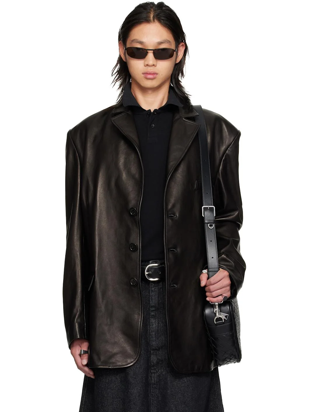 Black Oversized Tailored Leather Suit Jacket - 1