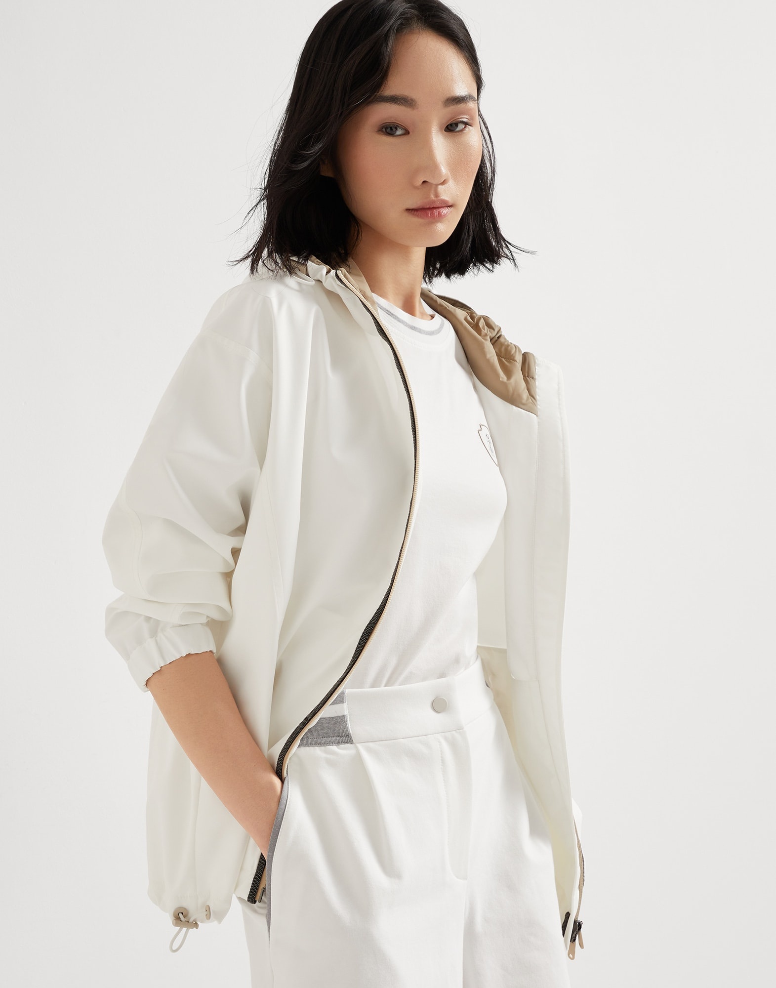 Nylon hooded outerwear jacket with logo and precious trims - 4