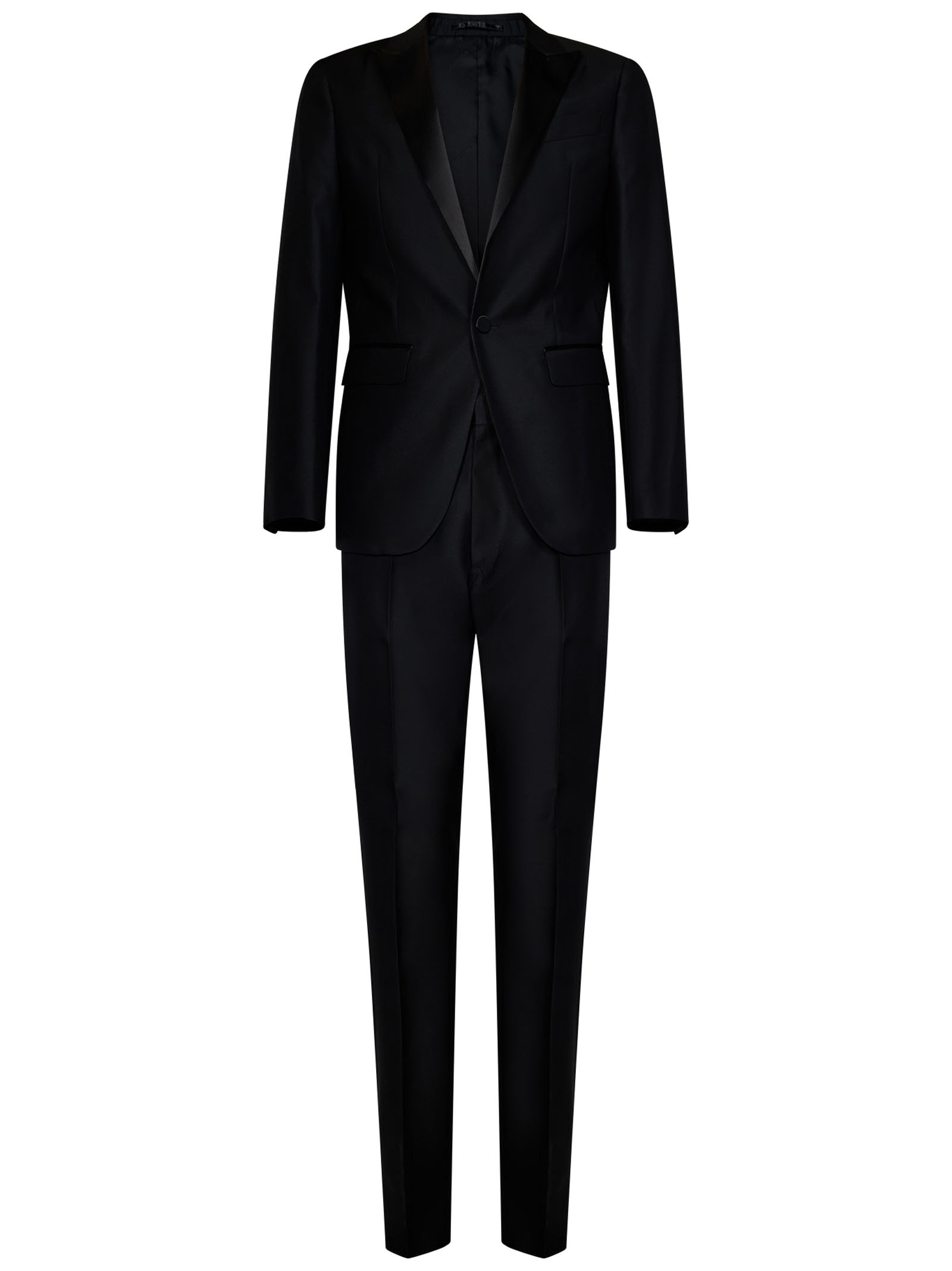 Black virgin wool and silk tuxedo suit with single-breasted blazer with silk satin lapels. - 1