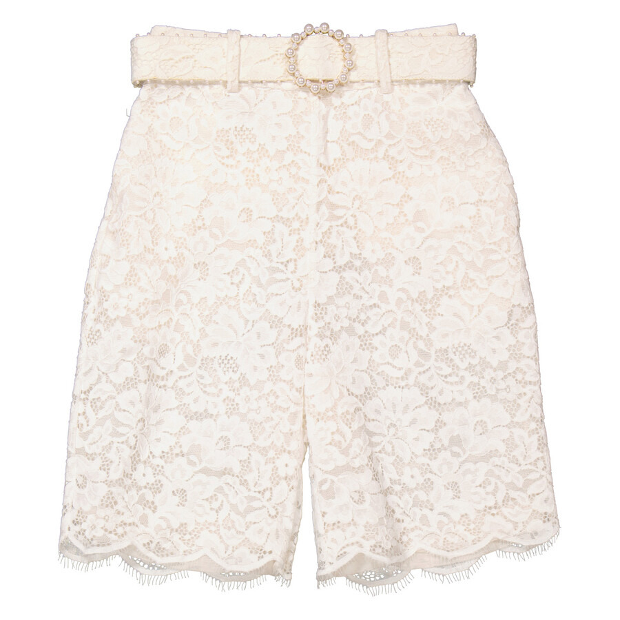 Zimmermann Ladies Ivory Belted Lace Knee-Length Shorts - 1