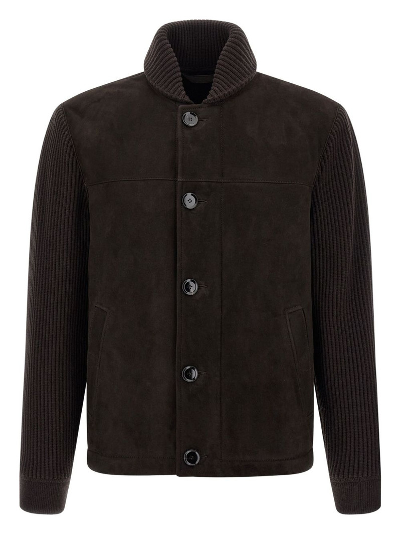 ribbed-sleeve suede bomber jacket 1