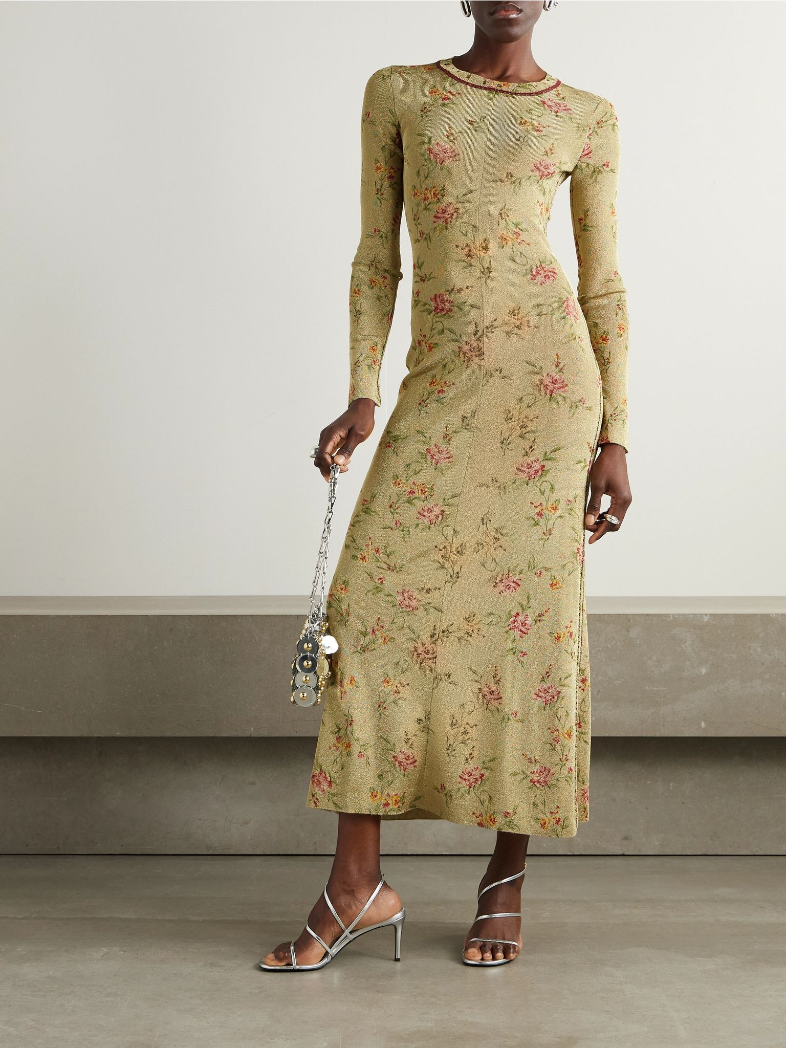 Distressed floral-print metallic knitted maxi dress Gold - 2
