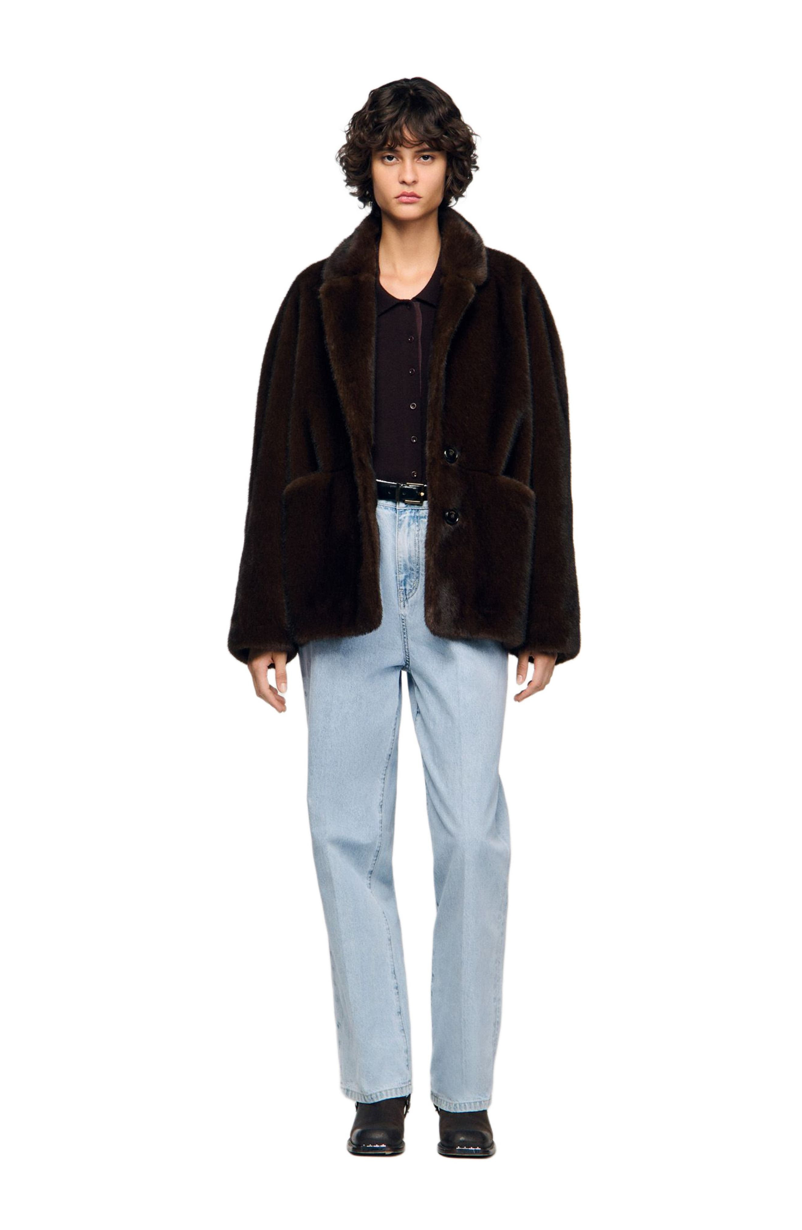 SANDRO Faux fur coat jacket in Black Brown at Nordstrom - 3