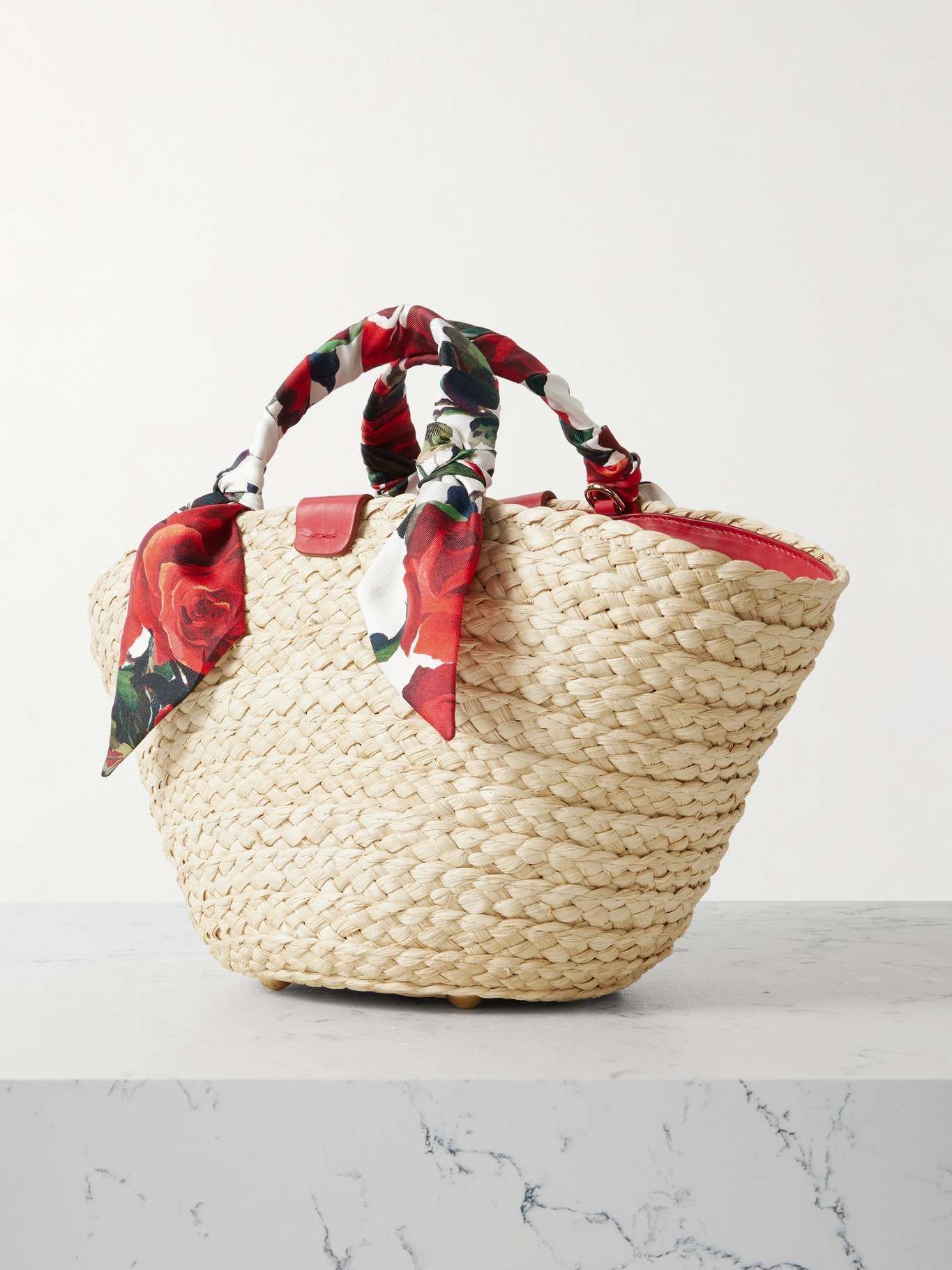 Kendra floral-print silk-twill and leather-trimmed woven straw tote Beige - 3