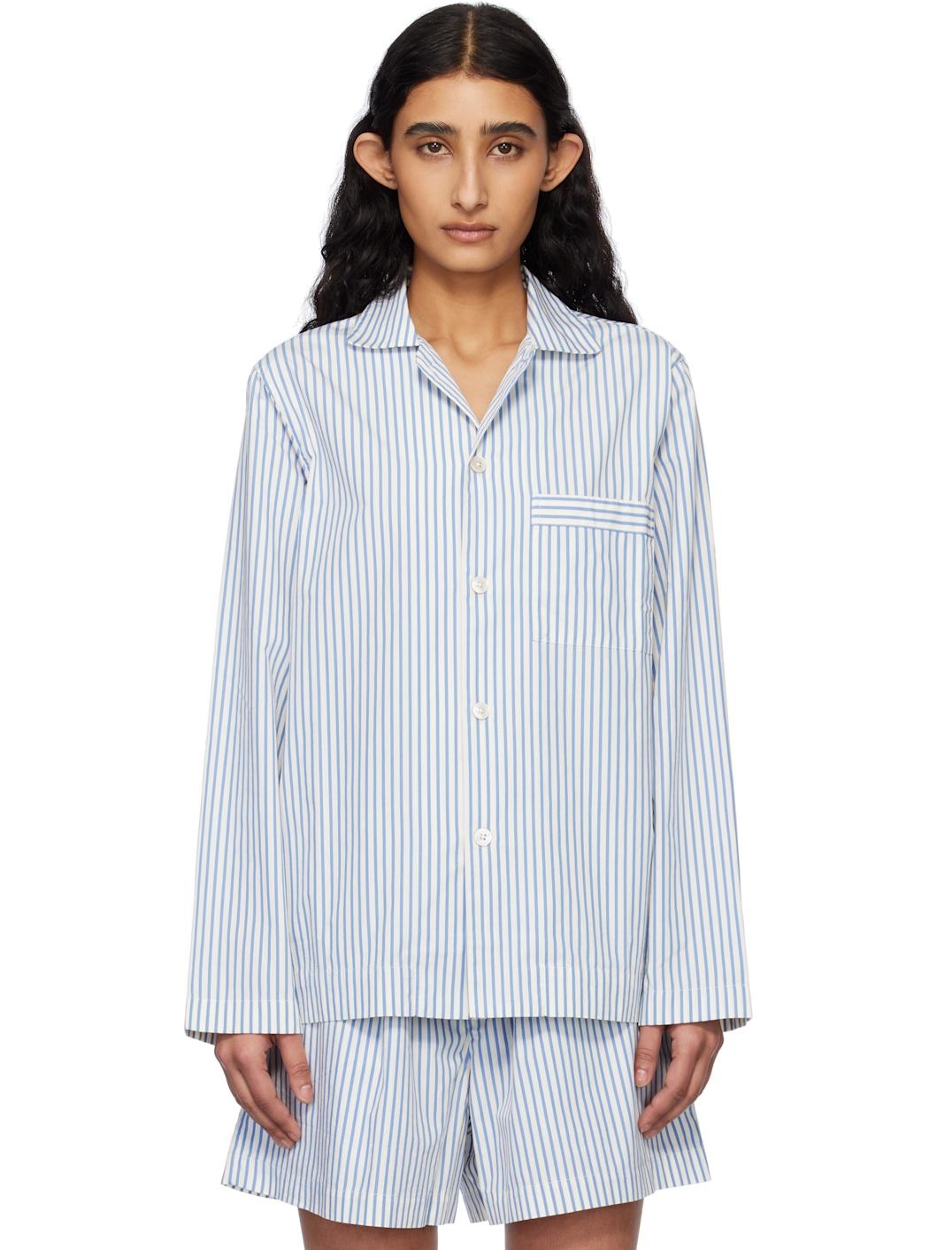 Off-White & Blue Poplin Long-Sleeved Pyjama Shirt - 1