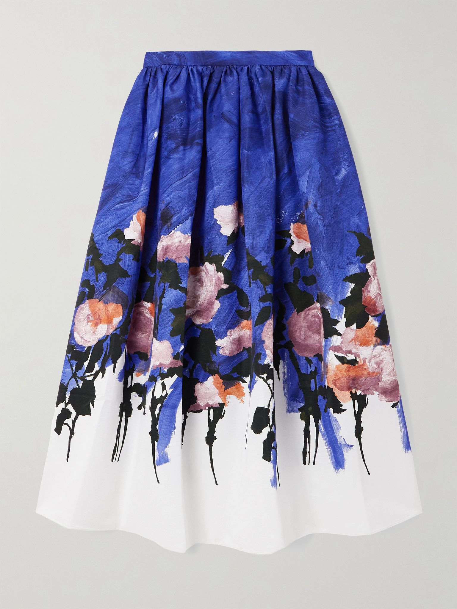 Gathered floral-print cotton-blend twill midi skirt Blue - 1