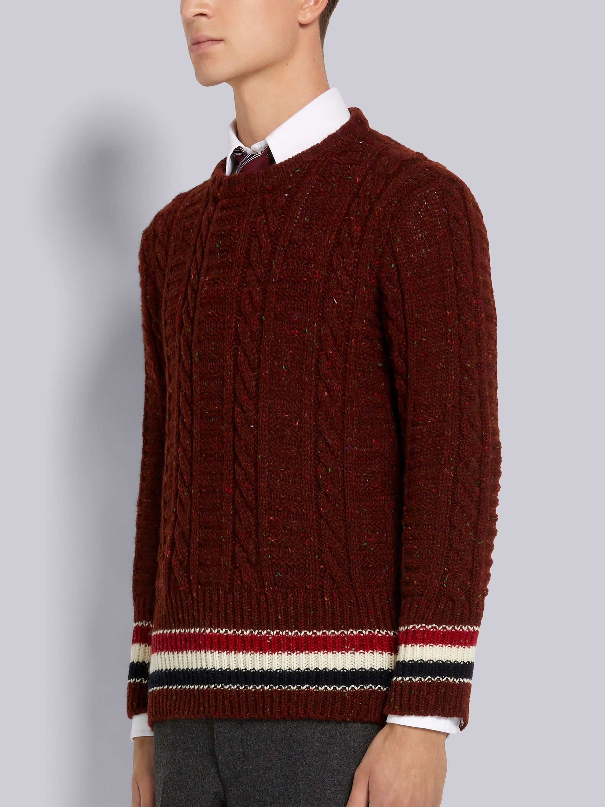 Dark Red Donegal Tweed Filey Stitch Stripe Detail Classic Crew Neck Pullover - 2