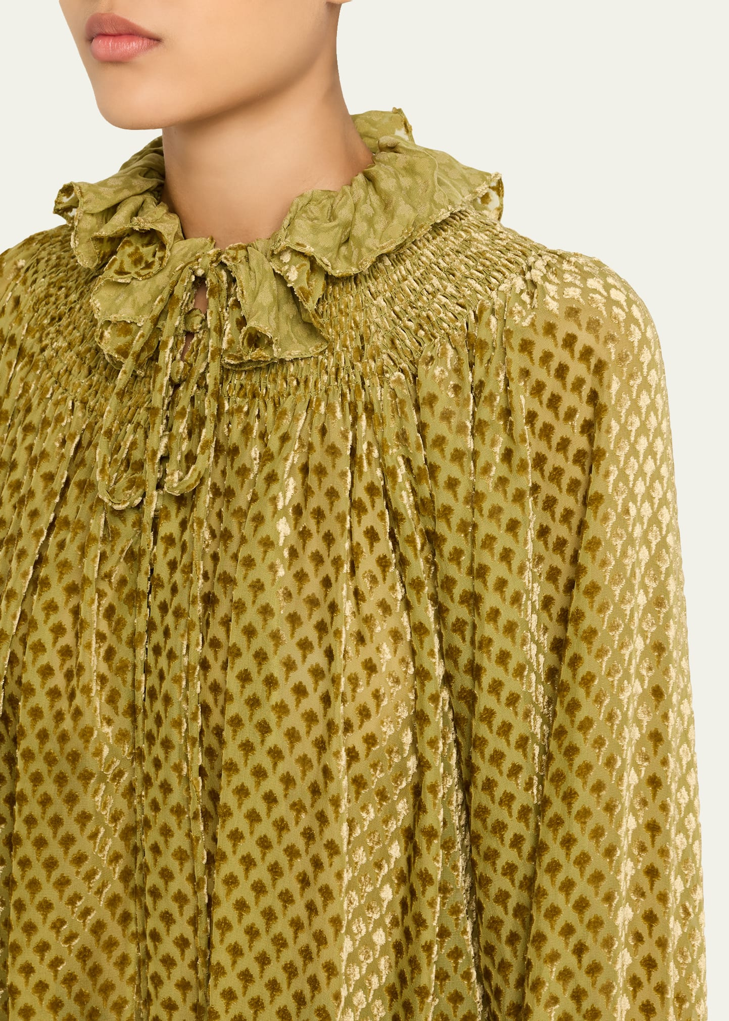 Velvet Smocked Ruffle Blouse - 5