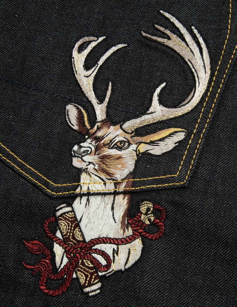 DEER AND SEAGULL EMBROIDERY SLIM FIT SELVEDGE DENIM JEANS #2010 7