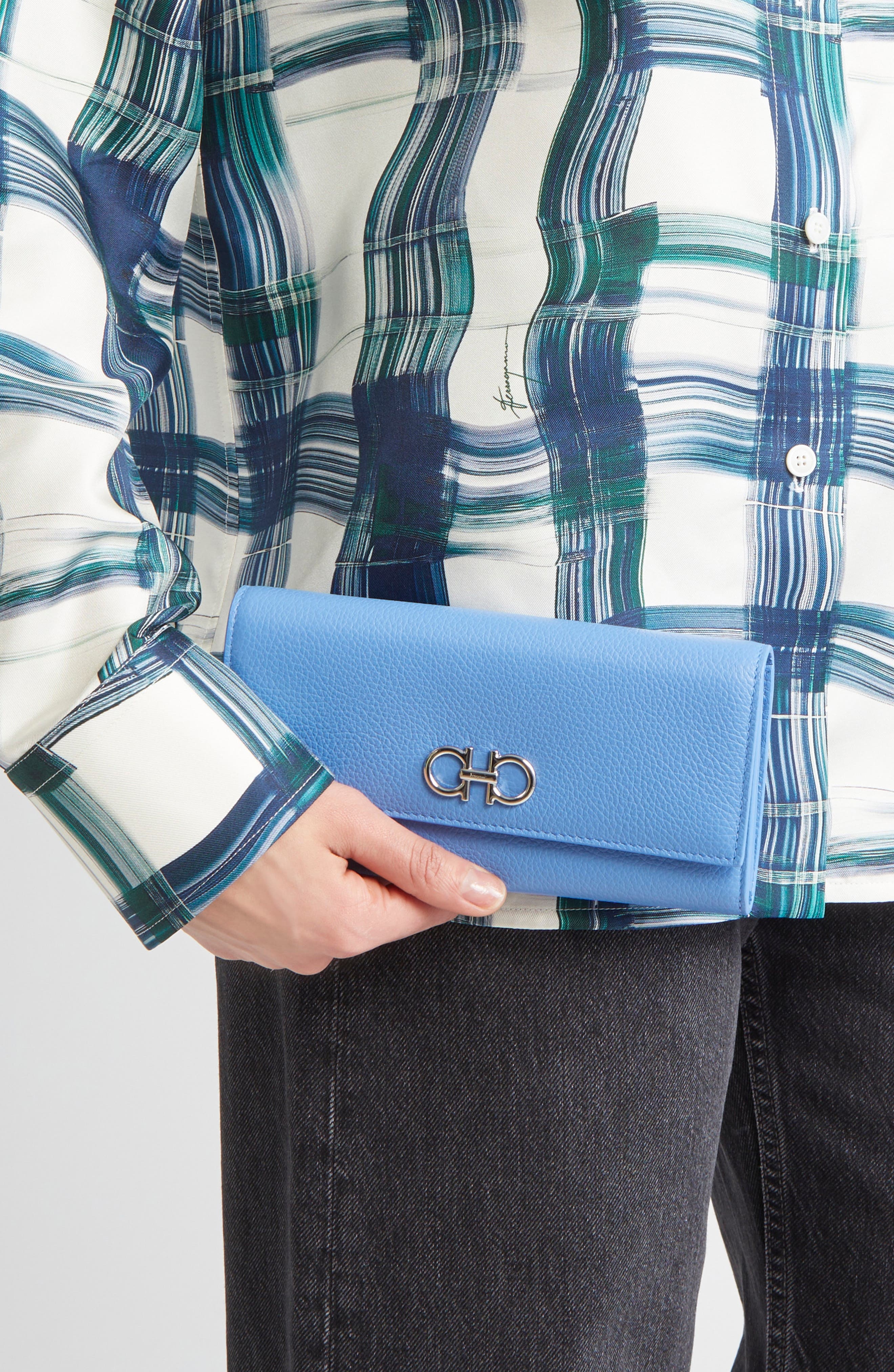 FERRAGAMO Double Gancio Leather Wallet On A Chain in Bleuet/Oxford Blue at Nordstrom - 4