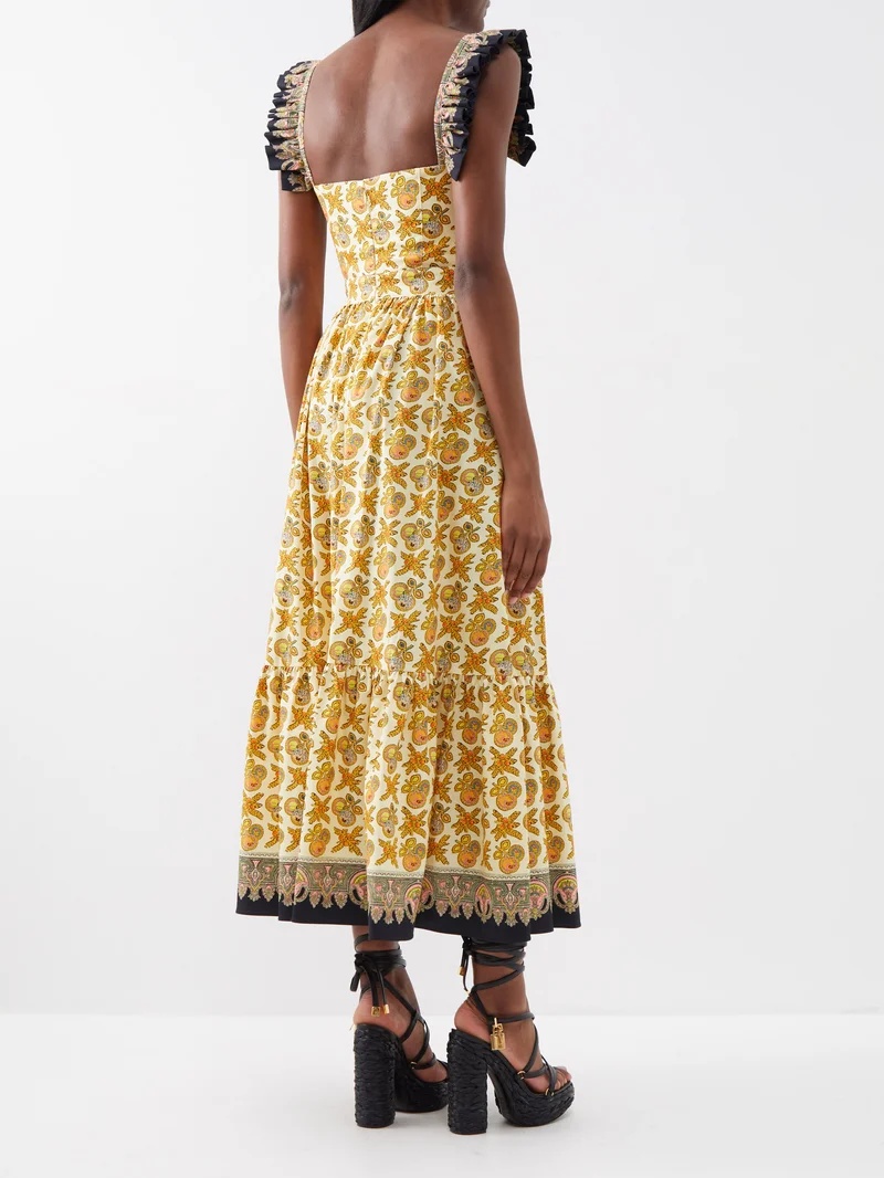 Ruffled-strap apple-print cotton-blend midi skirt - 5