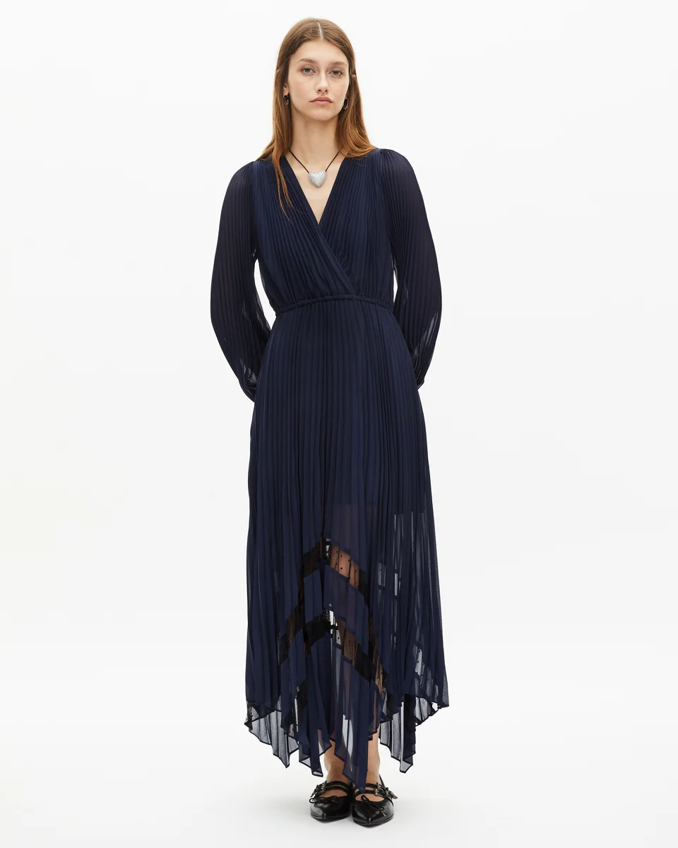 PLEATED LONG DRESS WITH NAVY BLUE LACE - 1