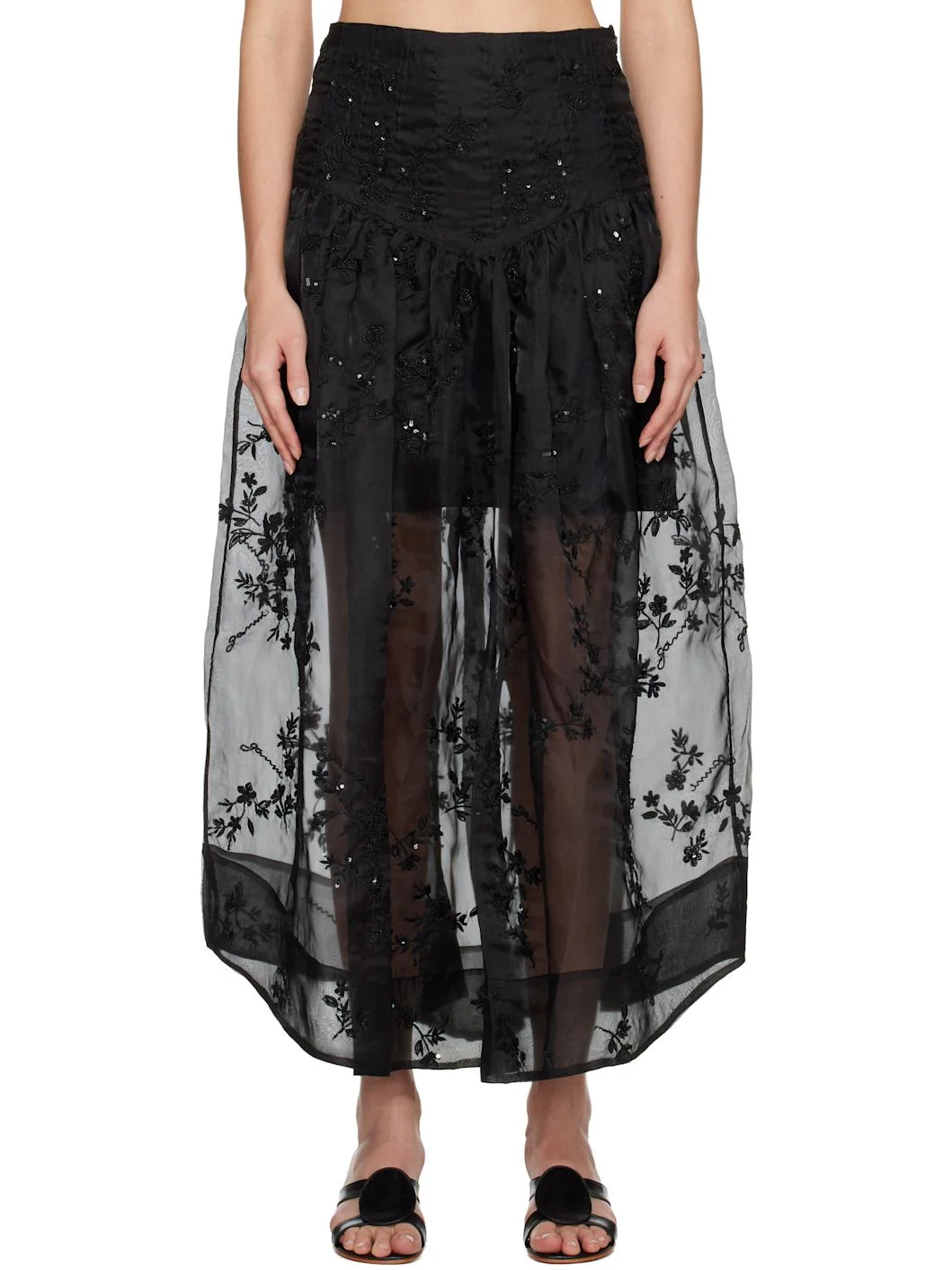 Black Embellished Organza Maxi Skirt - 1