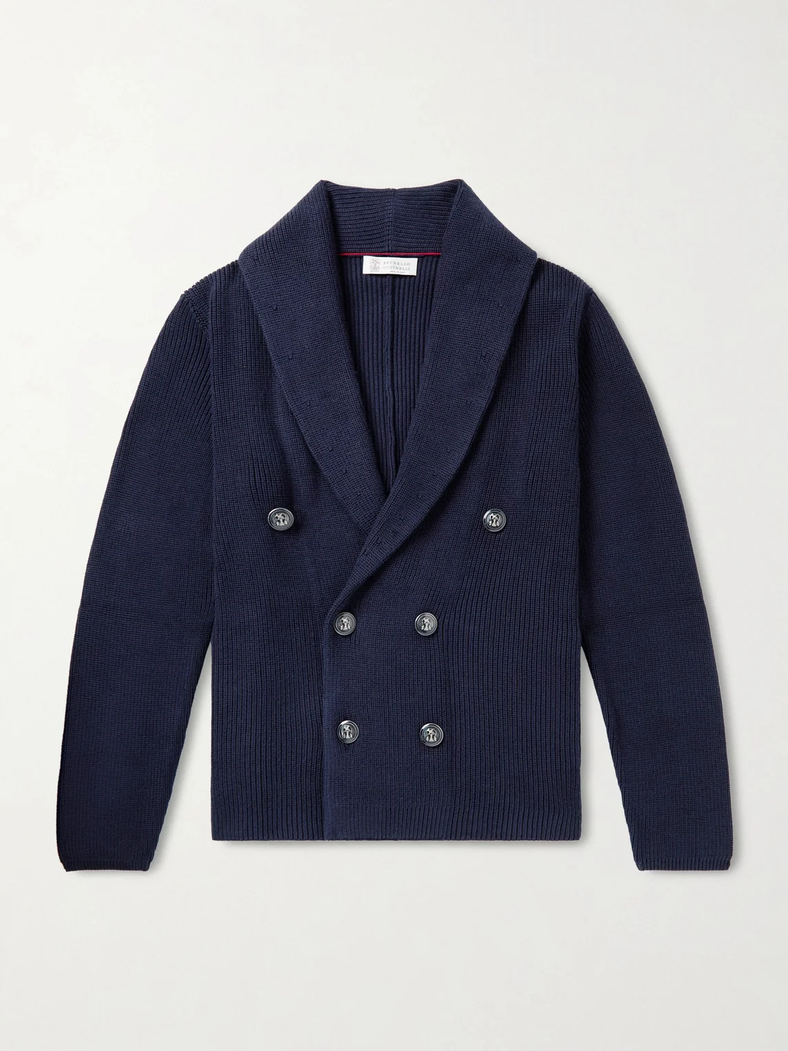 Shawl-Collar Double-Breasted Ribbed Cotton Cardigan - 1