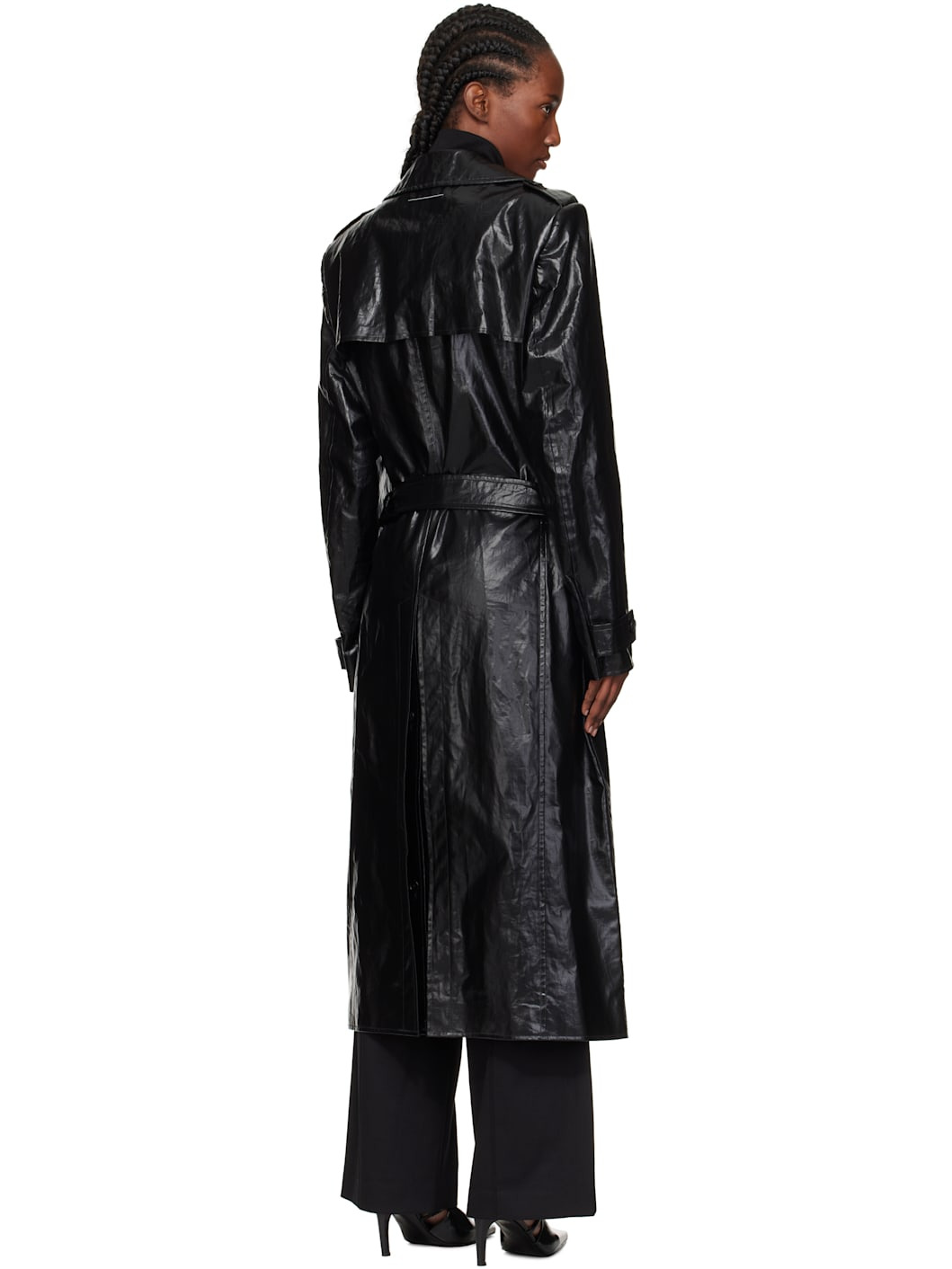 Black Shiny Coated Linen Trench Coat - 3
