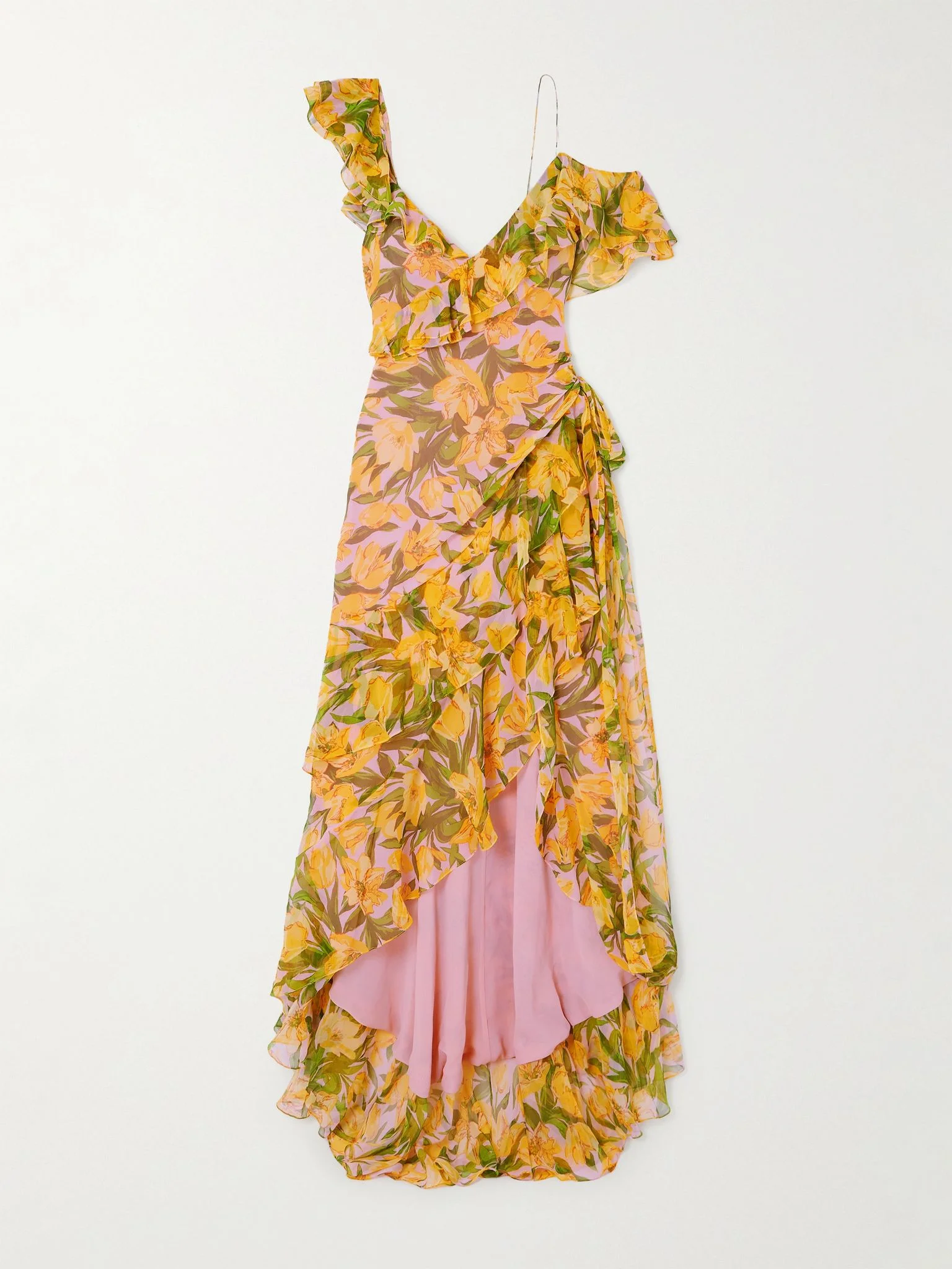 One-shoulder ruffled gathered floral-print silk-chiffon gown Yellow - 1
