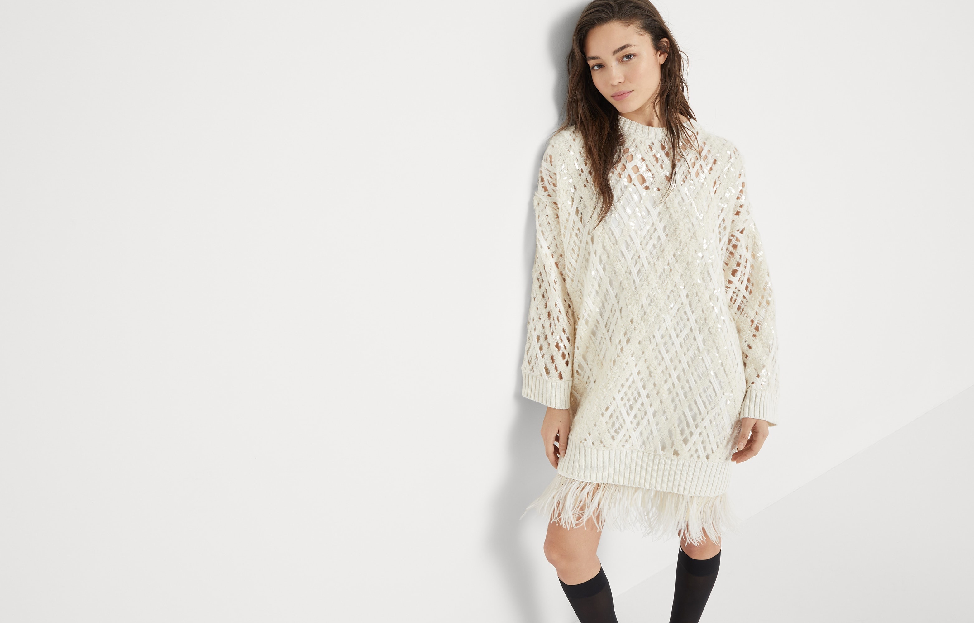 Dazzling Mesh Embroidery dress in cashmere, mohair and alpaca with detachable feather insert - 6