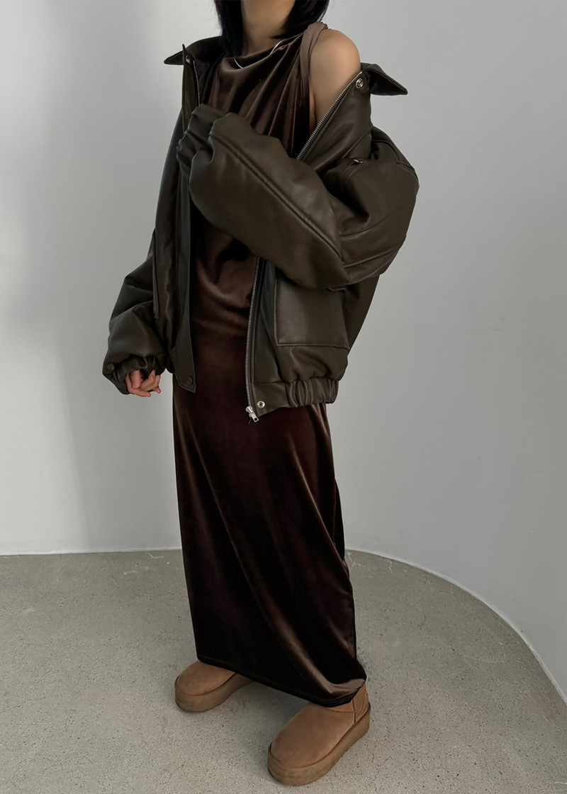 Blane Faux Leather Padded Bomber Jacket - Khaki Brown 6