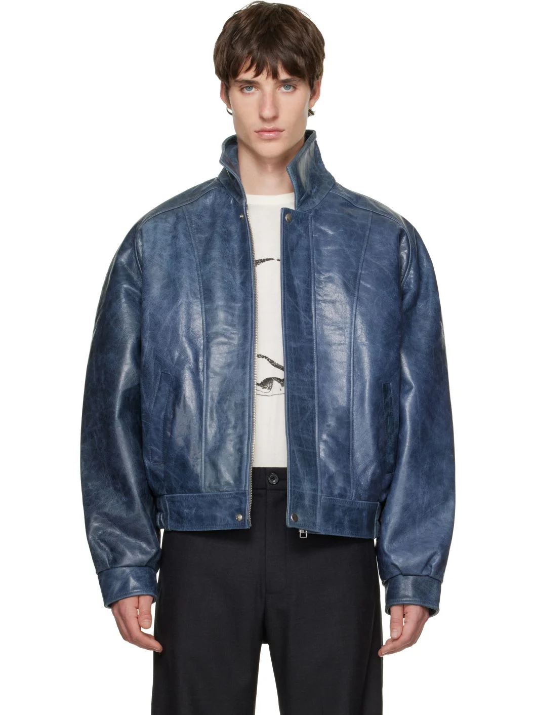 Blue Curved Shoulder Leather Blouson Jacket - 1