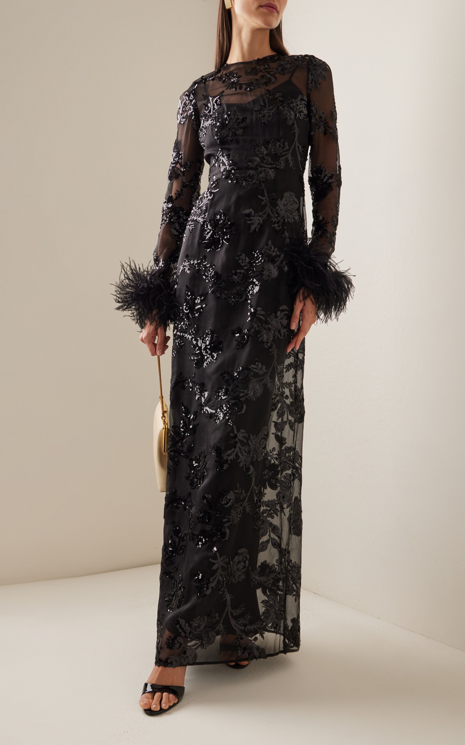 Ostrich-Trimmed Sequined Silk Maxi Dress black - 2