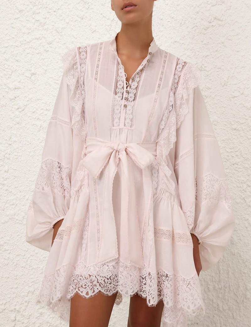 chinese dress ladies ZIMMERMANN Mini Crush Lace Billow Dress PINK
