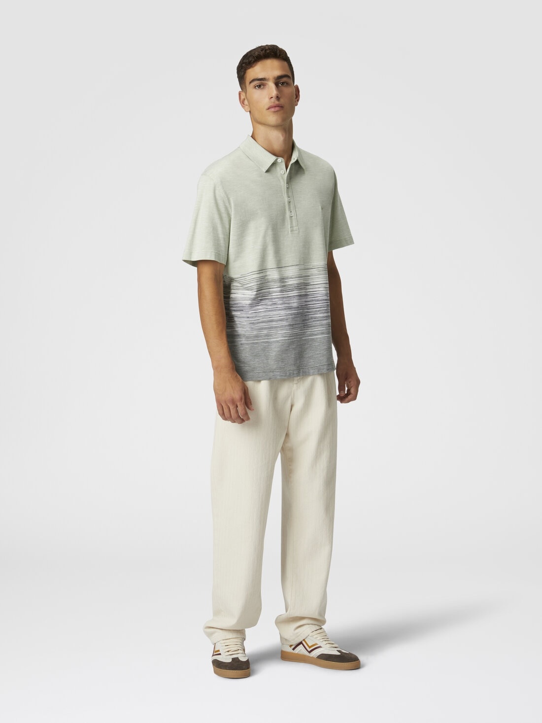 Slub cotton and linen polo shirt with zigzag embroidery - 2