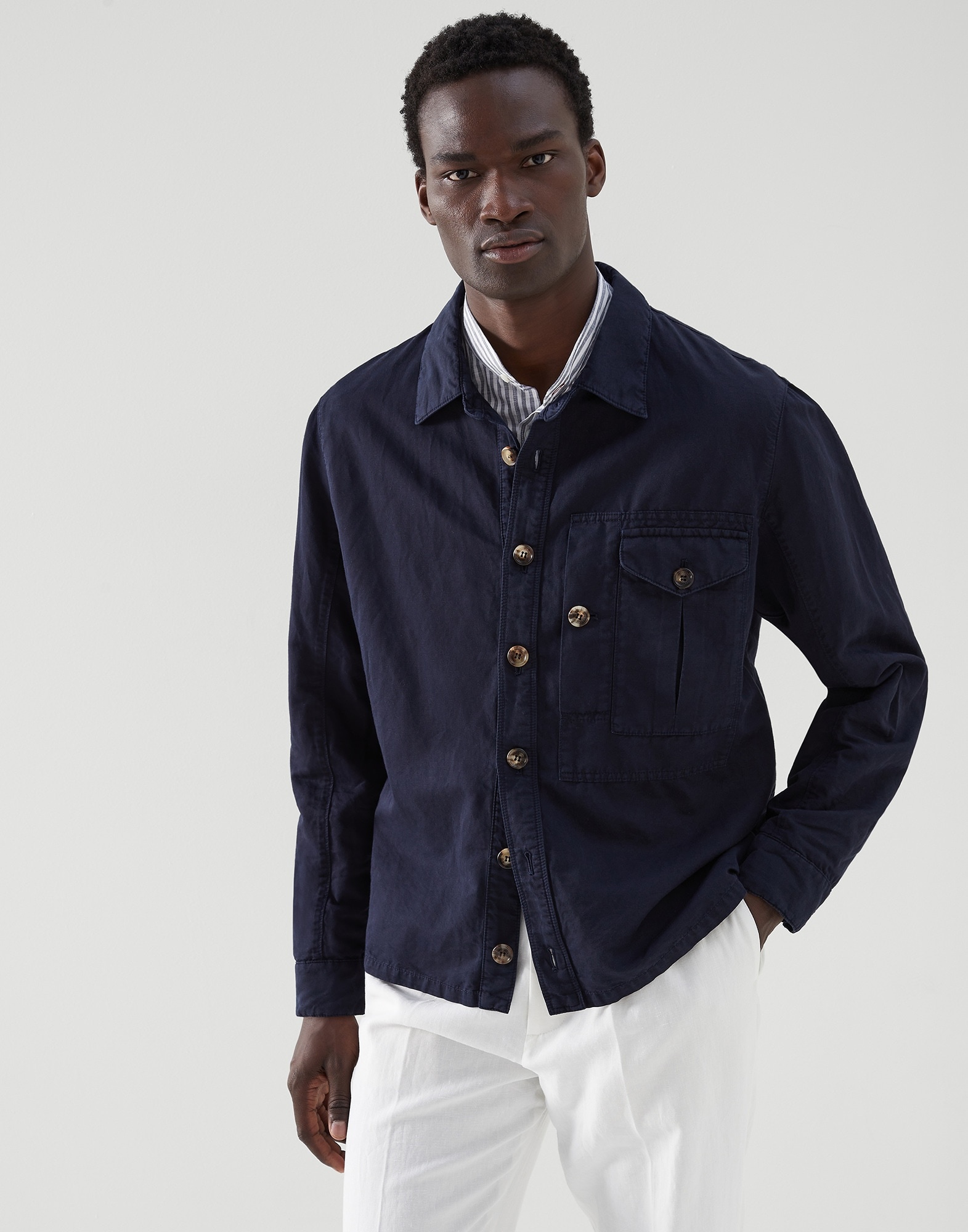 Garment-dyed shirt-style outerwear jacket in twisted linen and cotton  gabardine