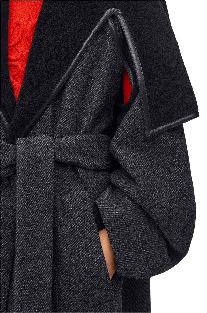 Shearling collar belted coat in wool 4