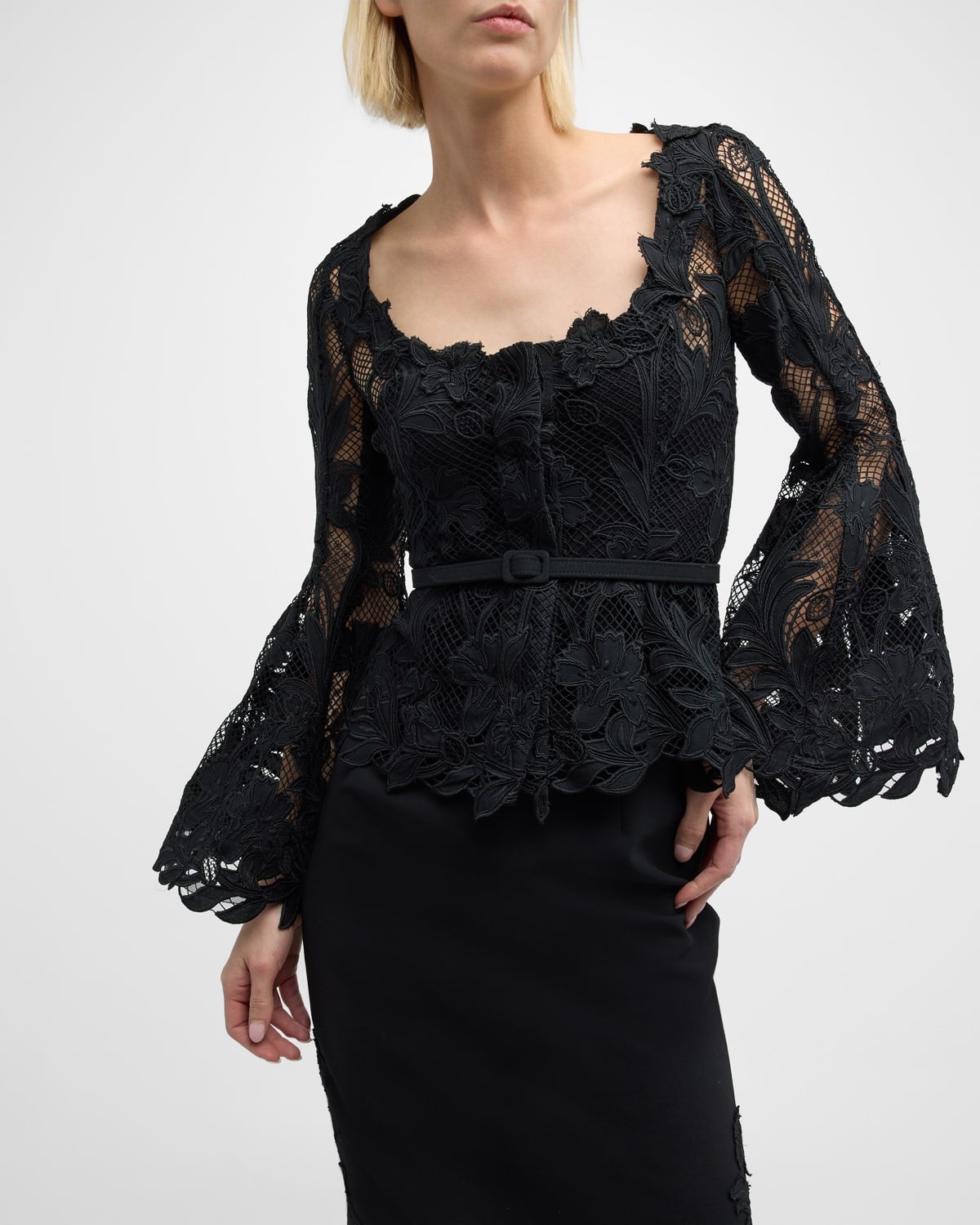 Marbled Carnation Guipure Jacket with Belted Waist - 7