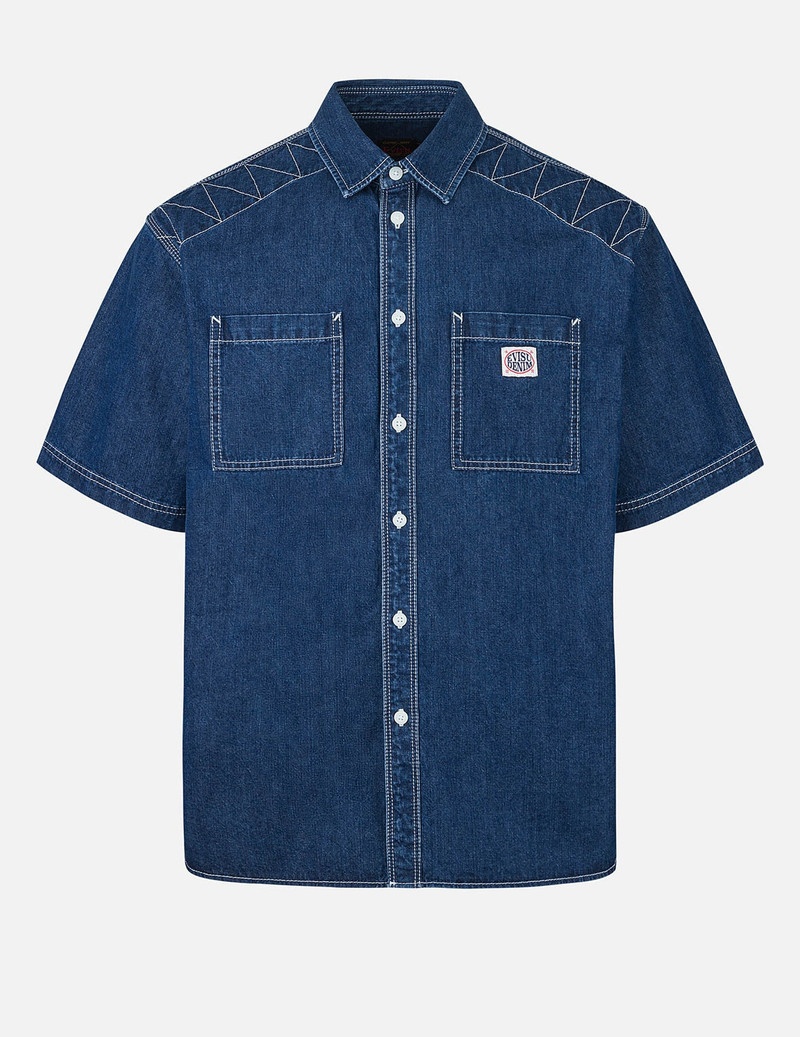 Logo Embroidery Fashion Fit Denim Short-Sleeves Shirt - 1