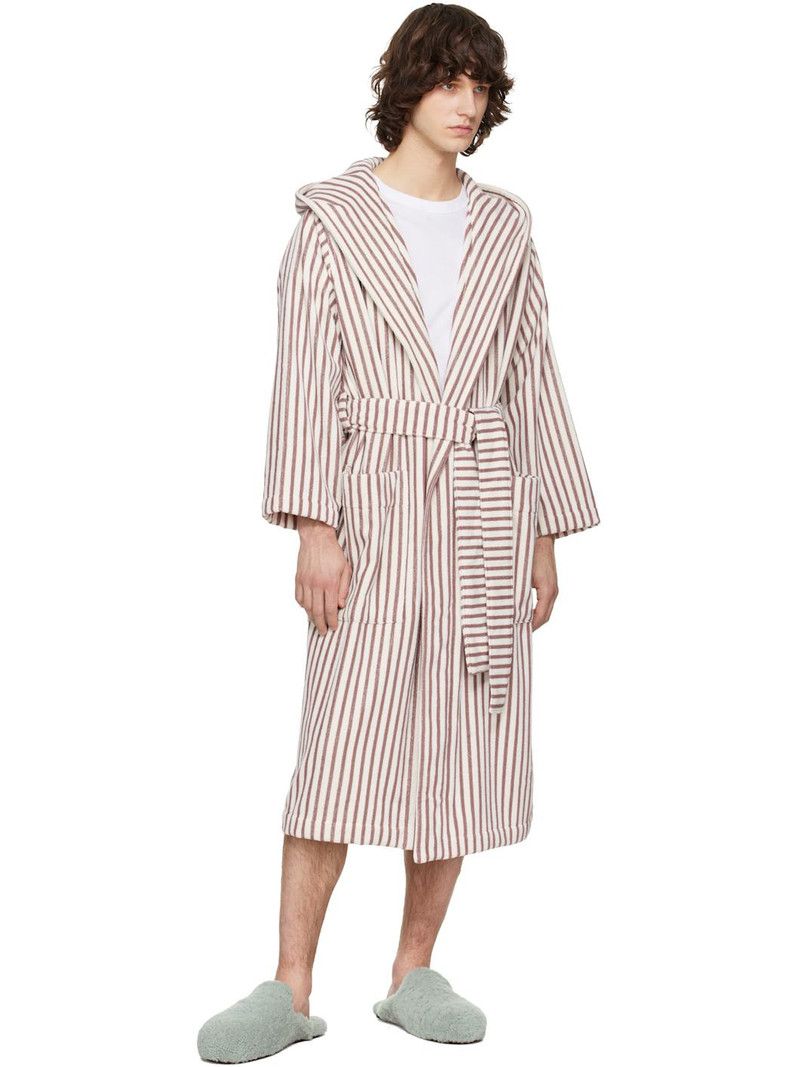 TEKLA Off-White & Burgundy Terry Hooded Bathrobe outlook