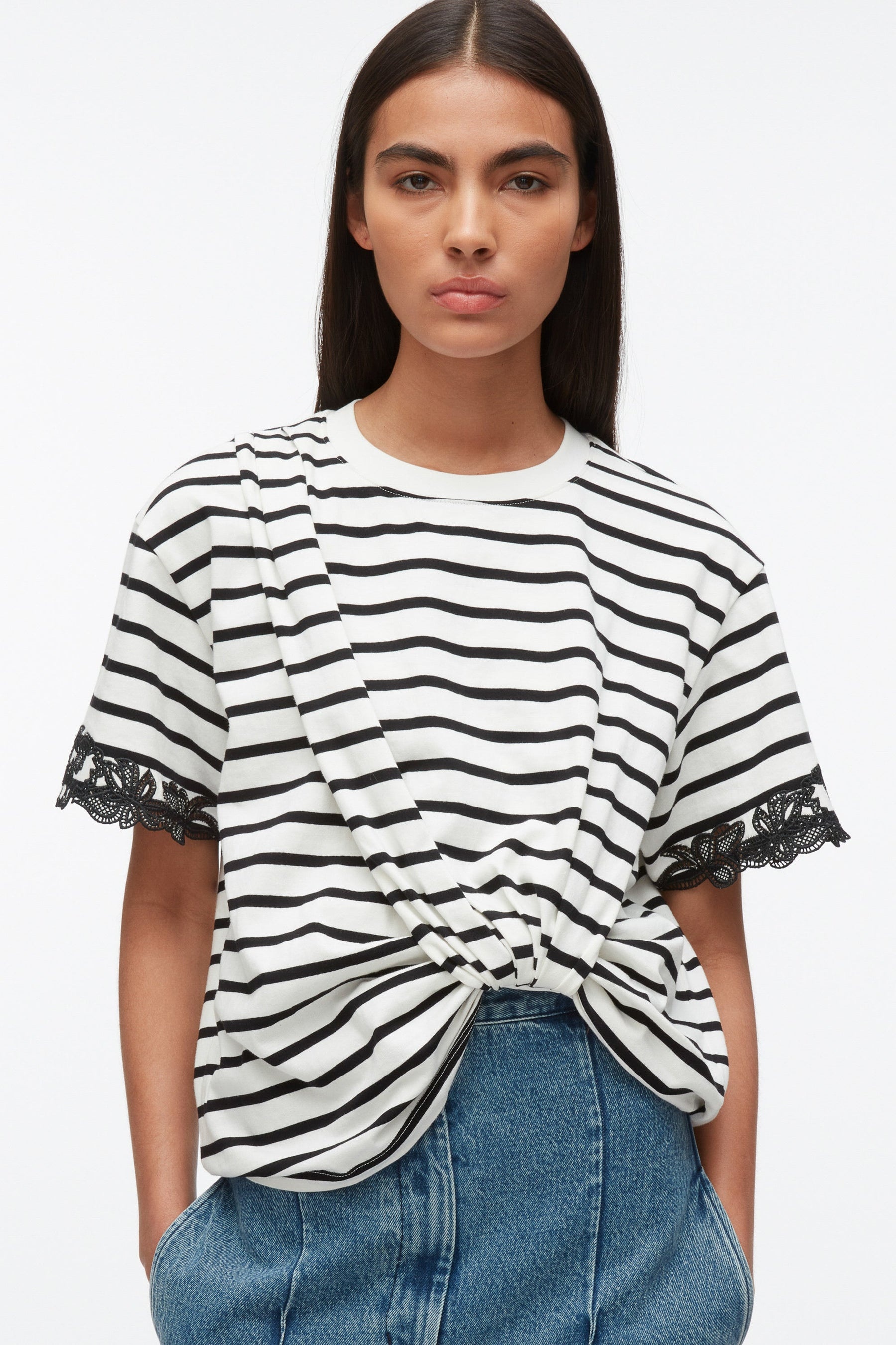 Draped Tee with Lace Embroidery - 5