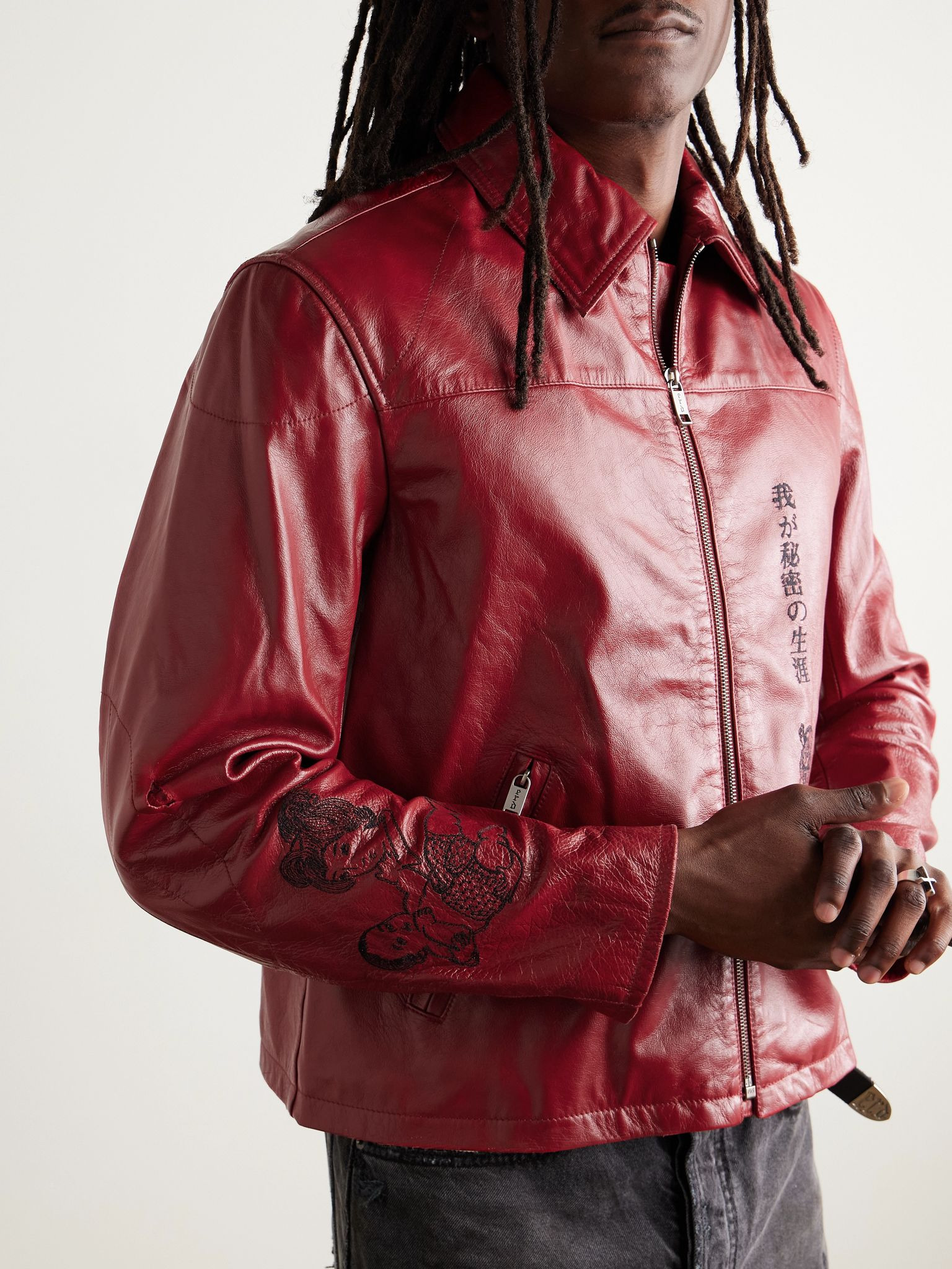 The Bully Distressed Embroidered Tumbled-Leather Jacket Red - 3