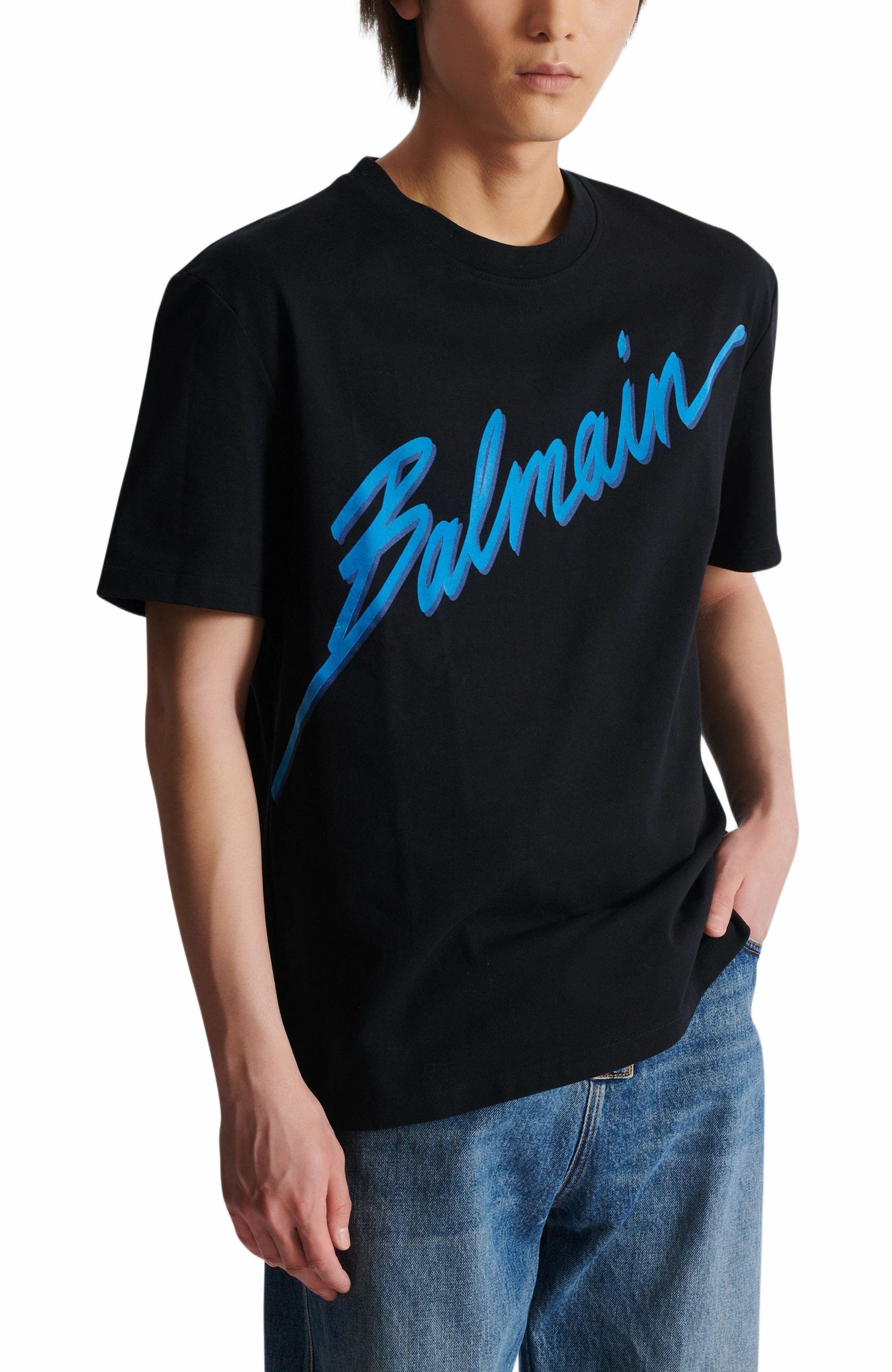 Balmain Lettre flocked T-shirt in Blue at Nordstrom - 4