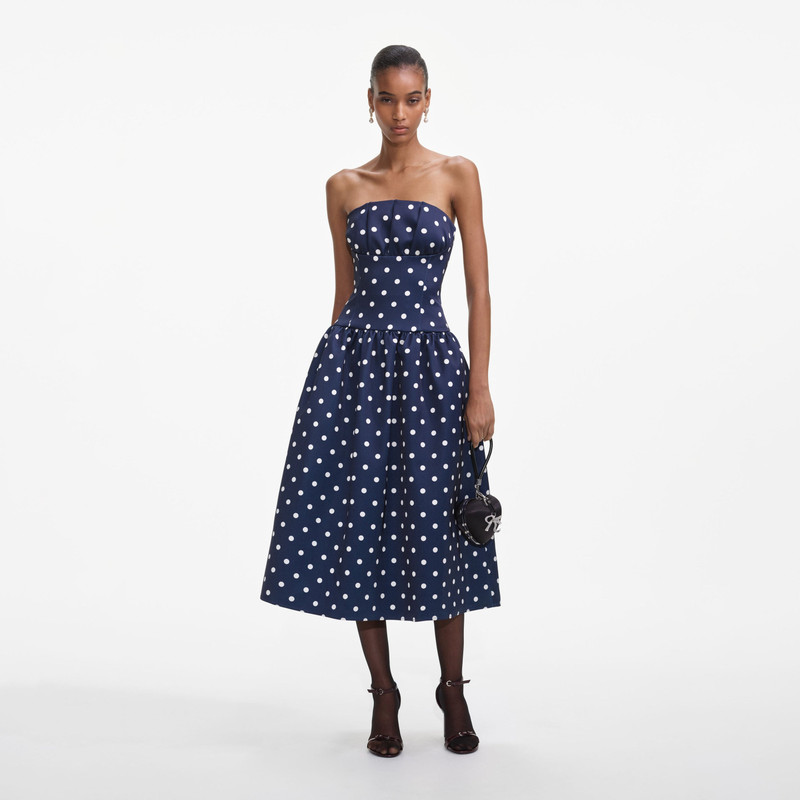 해군 Polka Dot Satin 미디 드레스 - 1