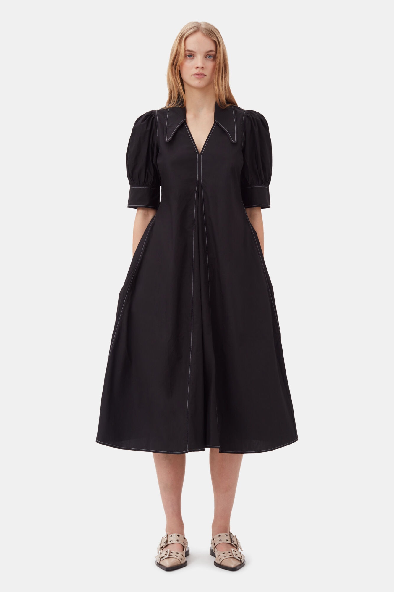 COTTON POPLIN V-NECK MIDI DRESS - 2
