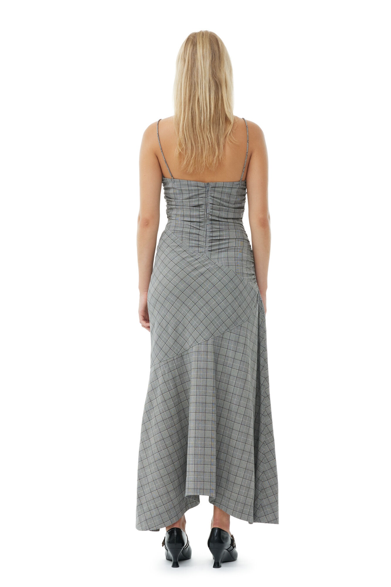 CHECKERED RUCHED LONG SLIP DRESS - 5