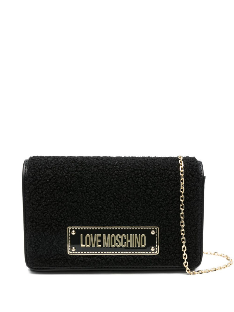 logo-plaque shearling shoulder bag 1