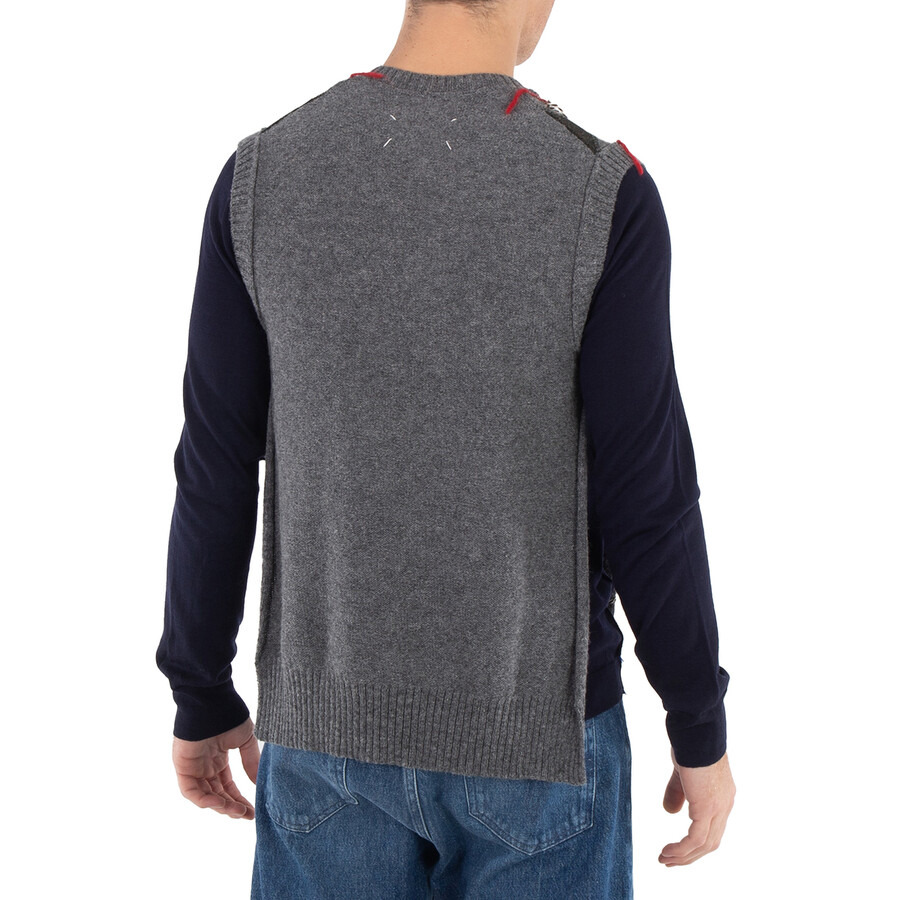 Maison Margiela Men's Grey / Dark Green / Walnut Cut-Out Intarsia-Knit Vest - 6