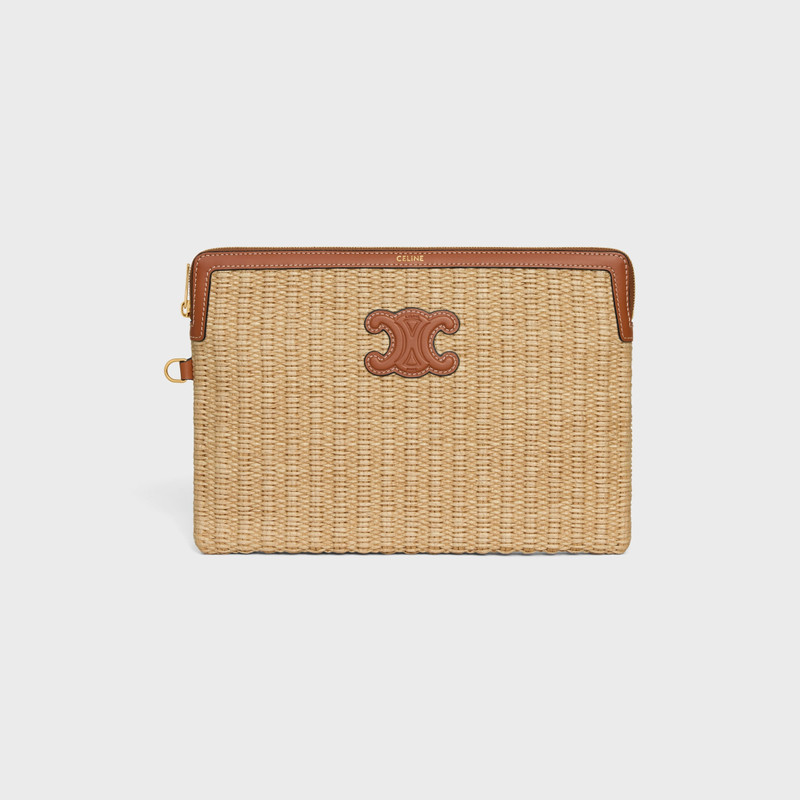 CELINE SMALL POUCH WITH STRAP IN raffia effect textile and calfskin outlook