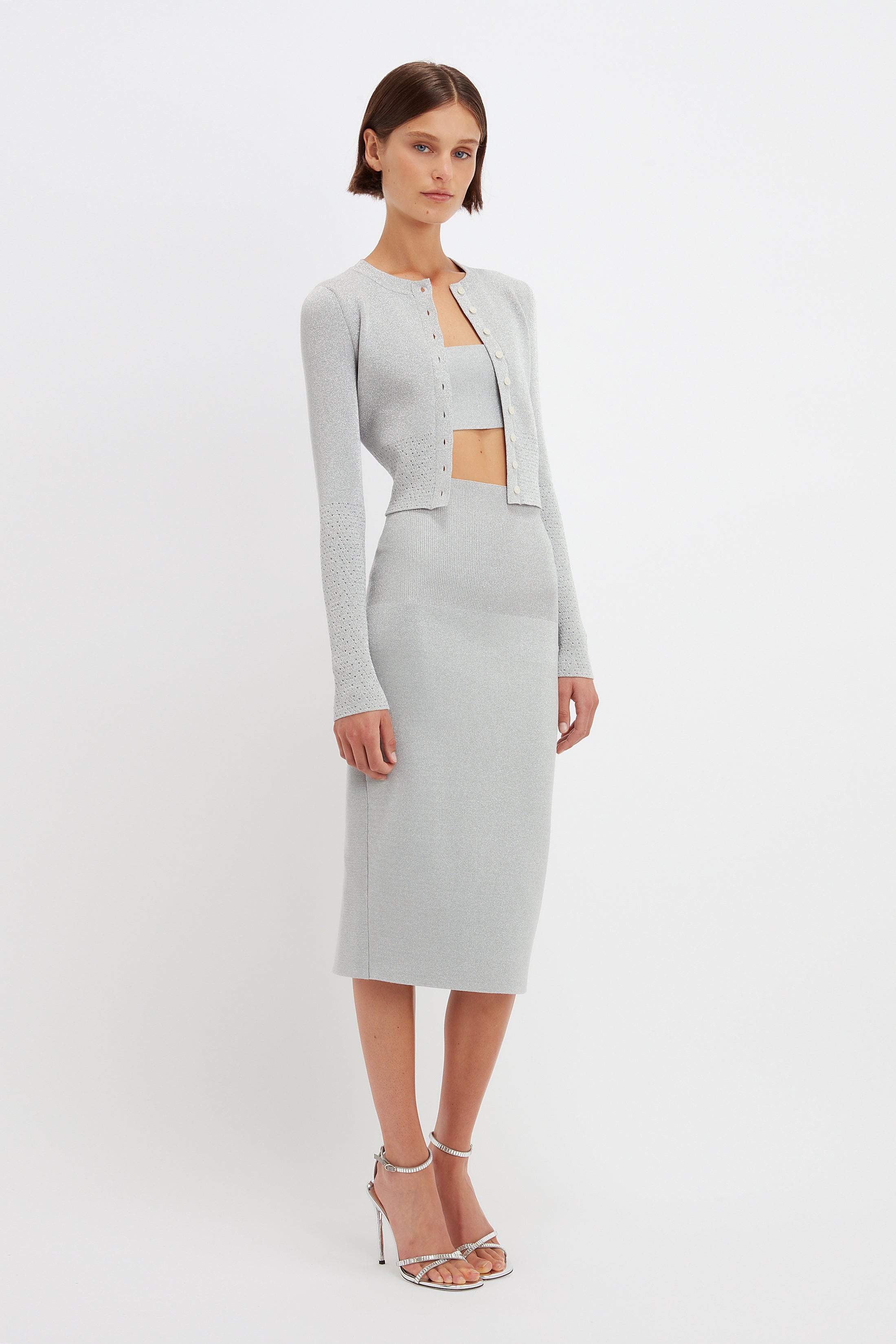 VB Body Cropped Fitted Cardigan in Silver - 3