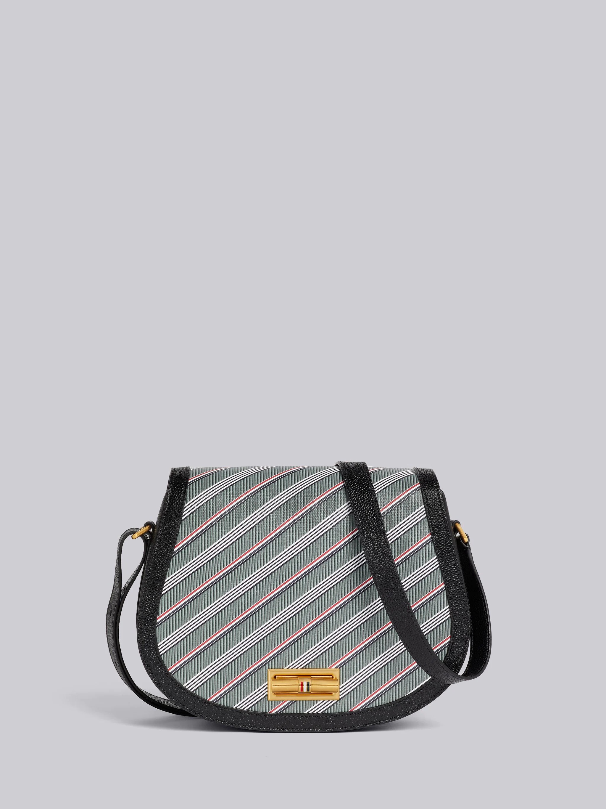 Medium Grey Monogram Coated Canvas Leather Frame Stripe Enamel Lock Saddle Shoulder Bag - 1