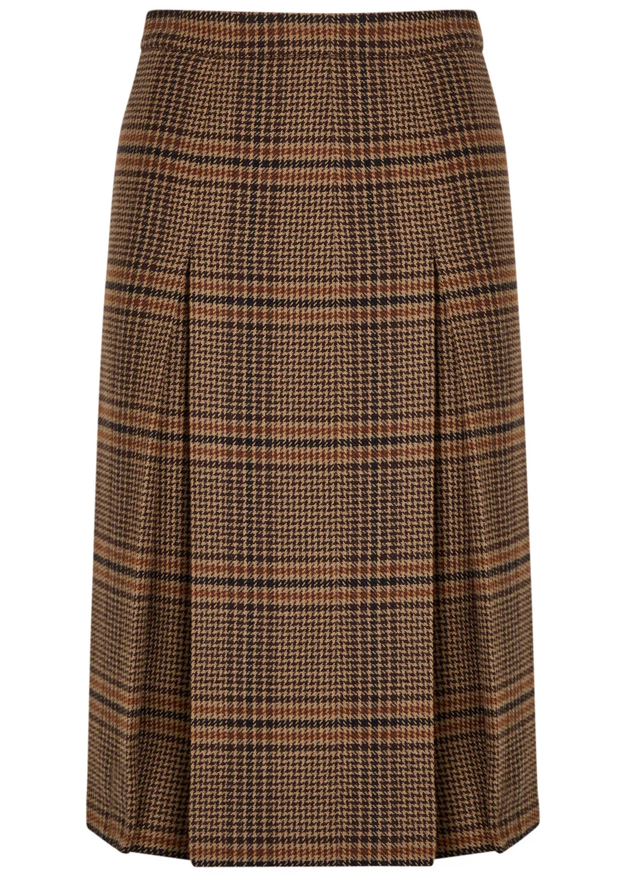 Saint Laurent Houndstooth Inverted-pleat Wool Midi Skirt - 1