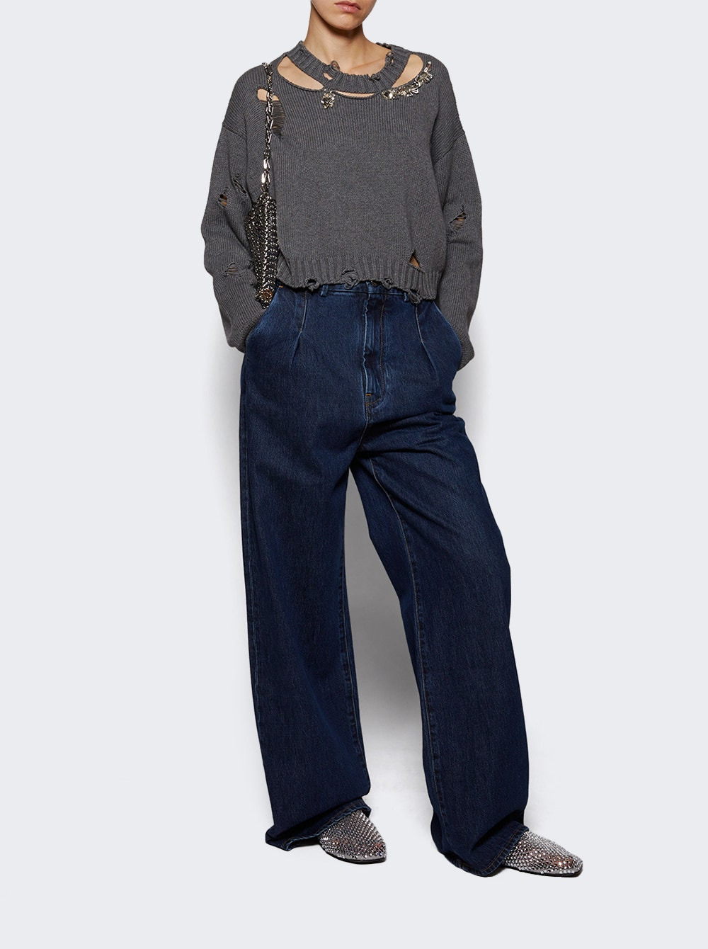 Distressed Crystal Crewneck Sweater Heathered Grey - 5
