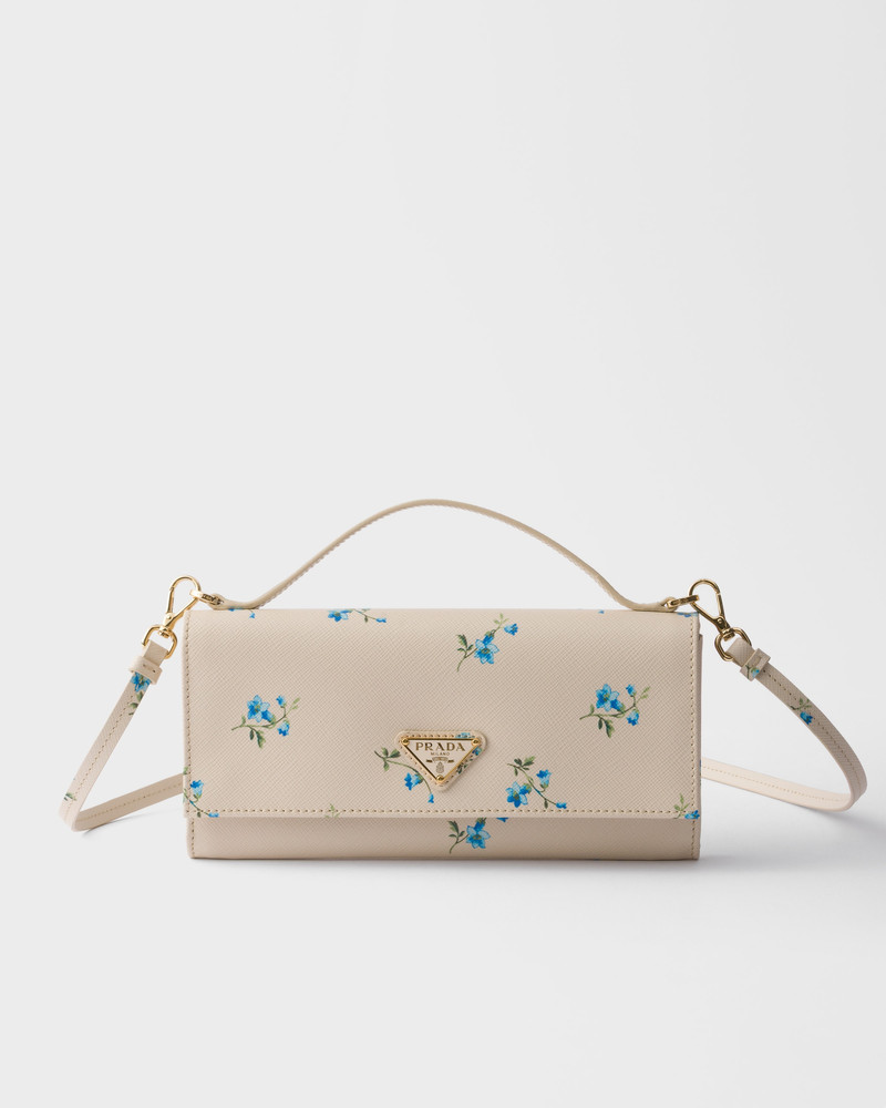 Printed Saffiano leather wallet with shoulder strap 1