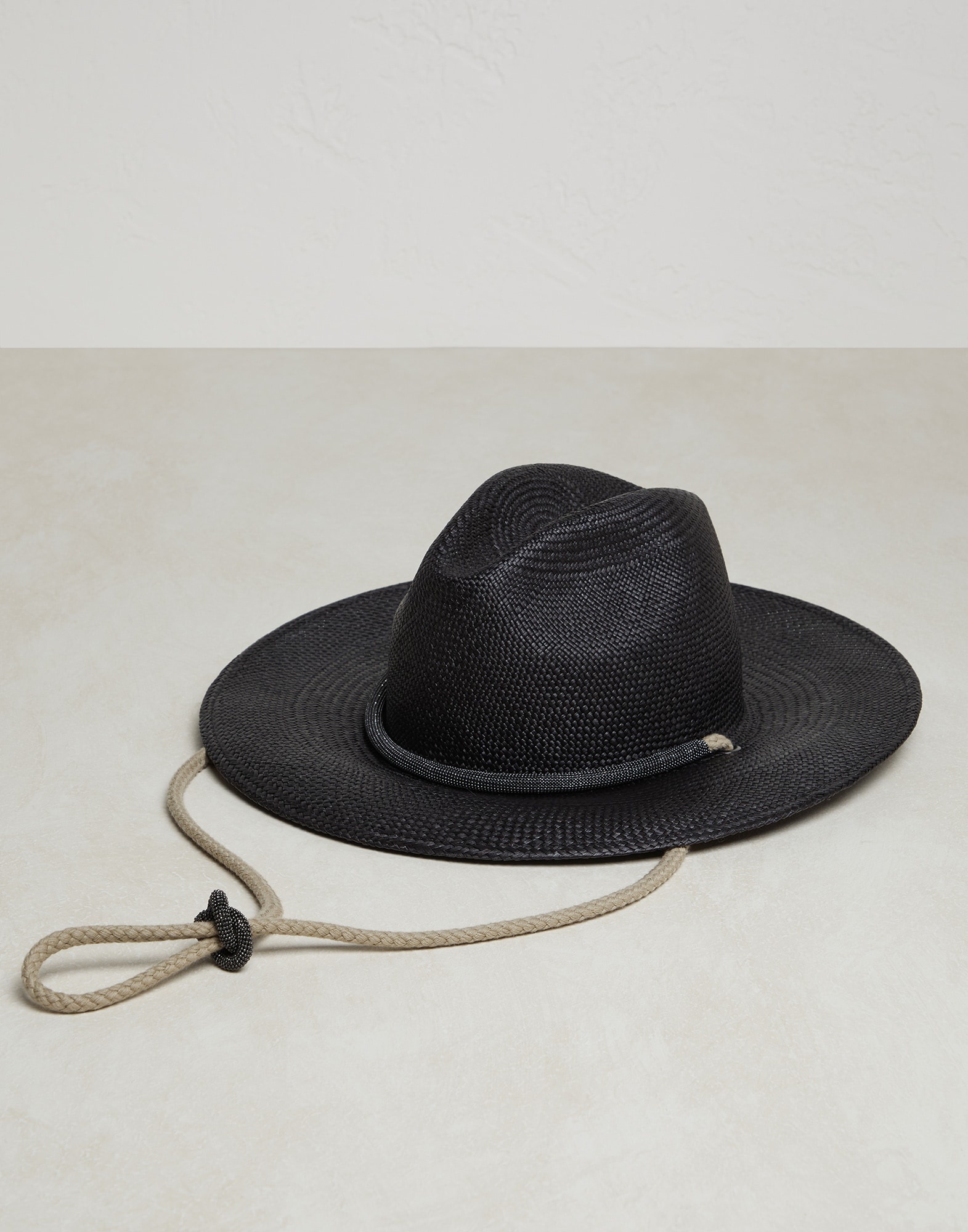 Straw fedora with linen and monili rope string - 1